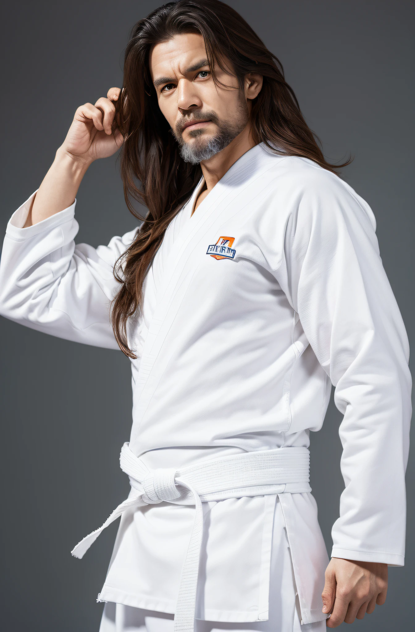 musculature, Full body 8k portrait, long limbs, stretching arms up, White karate uniform, White karate pants, disheveled long hair