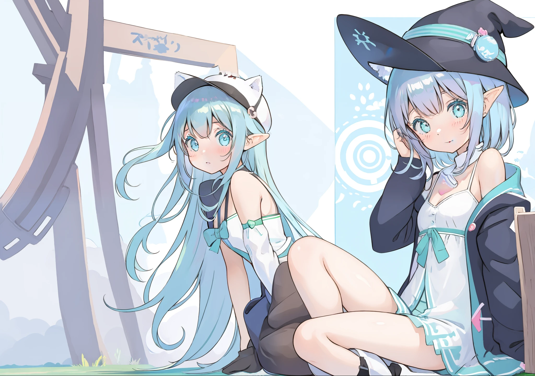 Anime girl sitting on the ground wearing hat and boots, Elf Girl, Cute anime girl, Digital art on Pisif , Digital anime illustration, Digital anime art!!, Pisif, Soft anime illustration, Pisif Contest Champion, Anime style portrait, Cute anime style, loli in dress, zerochan art, pretty anime girl, Blue Elf, anime girl with cat ears