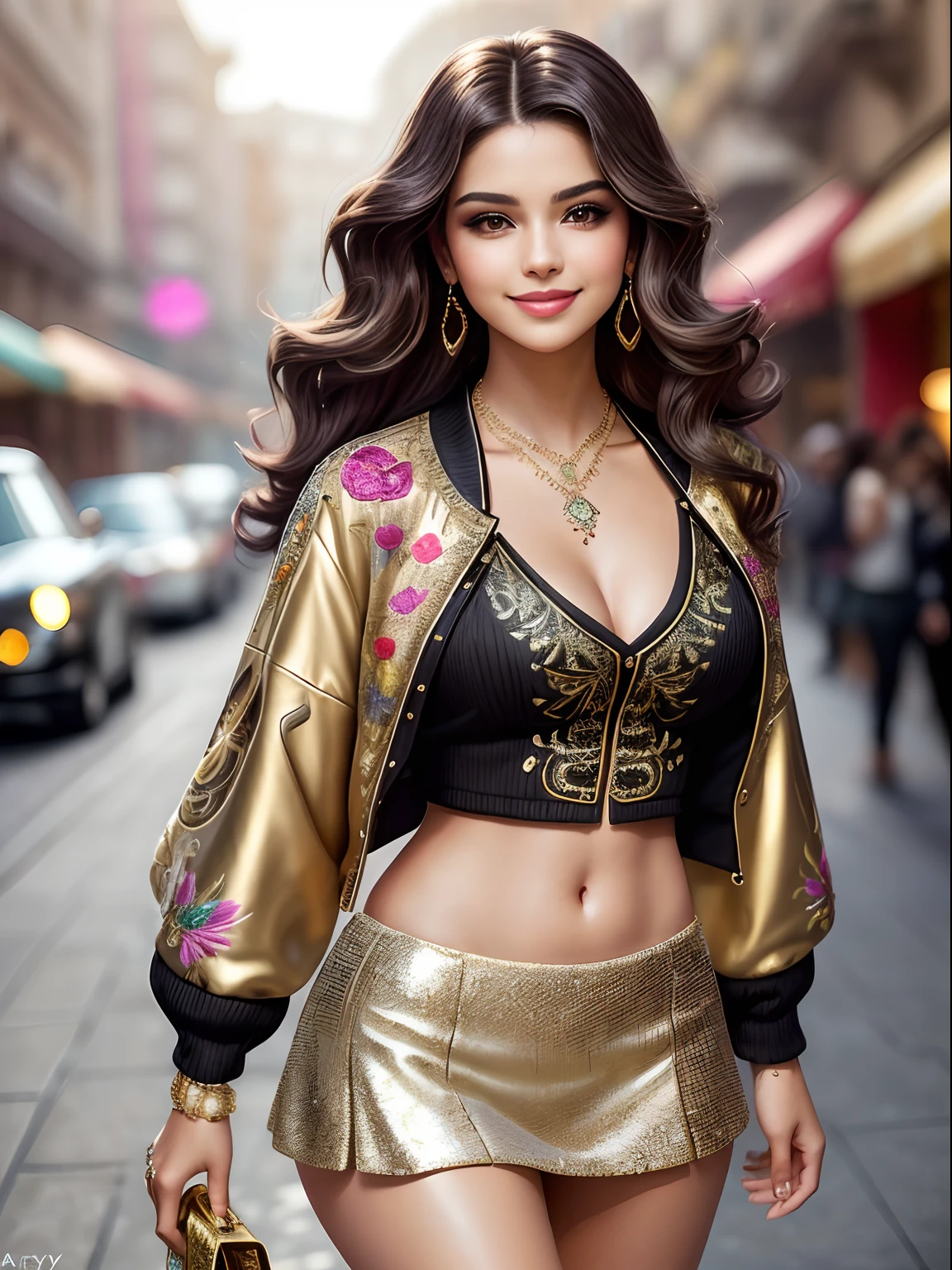 (masterpiece photography of a solo:1.2) alluring sexy tall curvy (25 yr old) (Selena Gomez: Emma Watson :0.7) walking in style on arab street, (wearing Blingy jewel encrusted jacket & embroidered shorts:1.3). hip hop energy, maximalism, (heavily tattooed:1.3),  (arabian makeup & jewelry:1.2) short brown wavy hair with highlights,, vivacious, lustful glance, exhilarated (beautiful detailed eyes:1.1) , (flirty bright smile:1.2), blingy shopping district,(intense dramatic light:1.4), backlit, light rays, highly detailed, trending on artstation, paint splashes, rich colour, dazzling lights all around, (perfect wavy hairstyles), abstract portrait, by Atey Ghailan