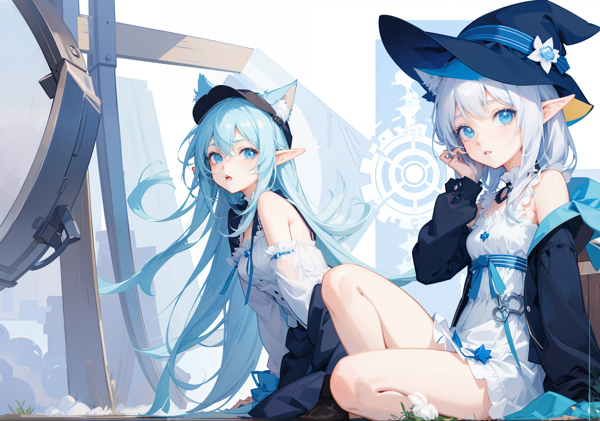 Anime girl sitting on the ground wearing hat and boots, Elf Girl, Cute anime girl, Digital art on Pisif , Digital anime illustration, Digital anime art!!, Pisif, Soft anime illustration, Pisif Contest Champion, Anime style portrait, Cute anime style, loli in dress, zerochan art, pretty anime girl, Blue Elf, anime girl with cat ears