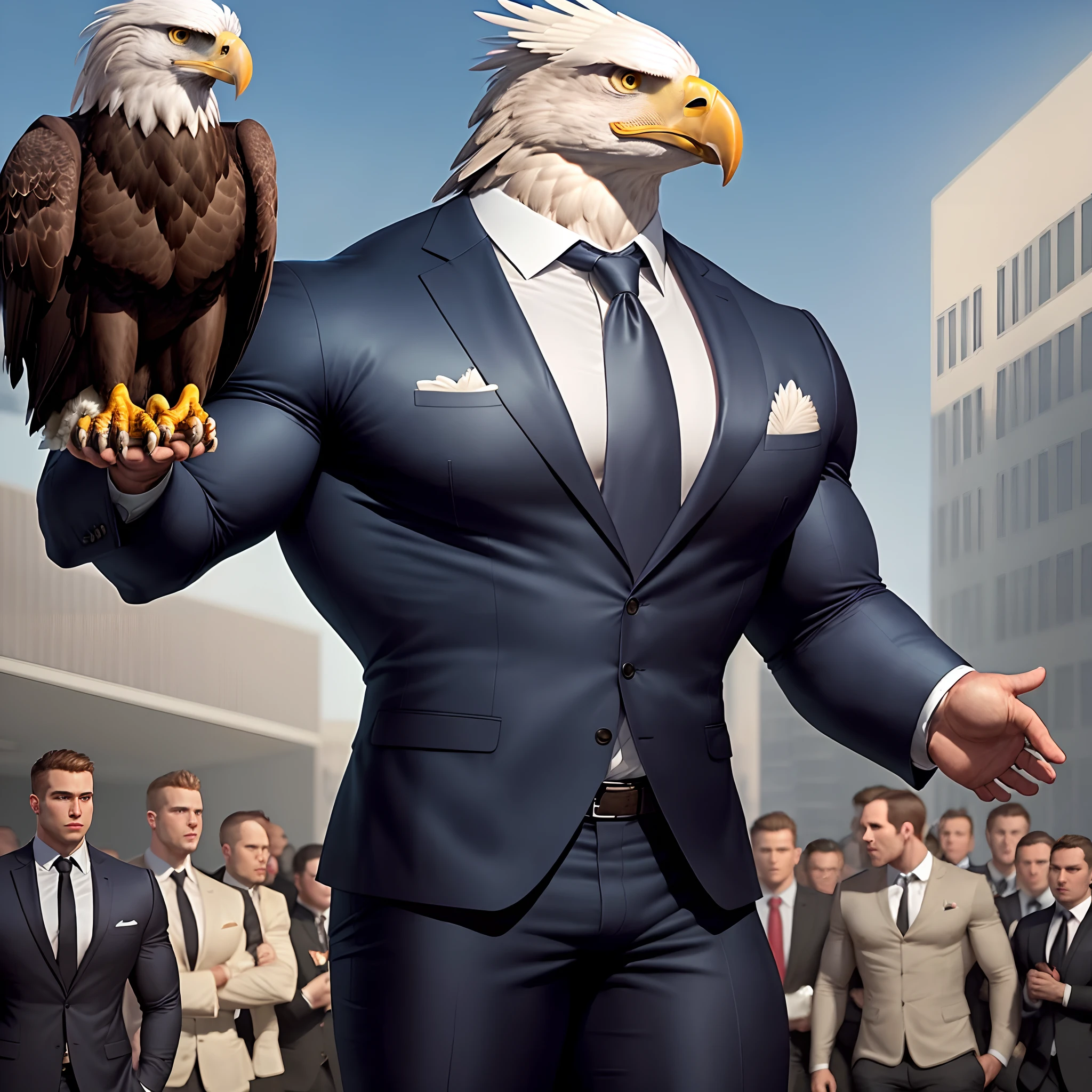 Anthro eagle muscled in suit like bodyguard wirh huge torso , huge arms , huge pecs