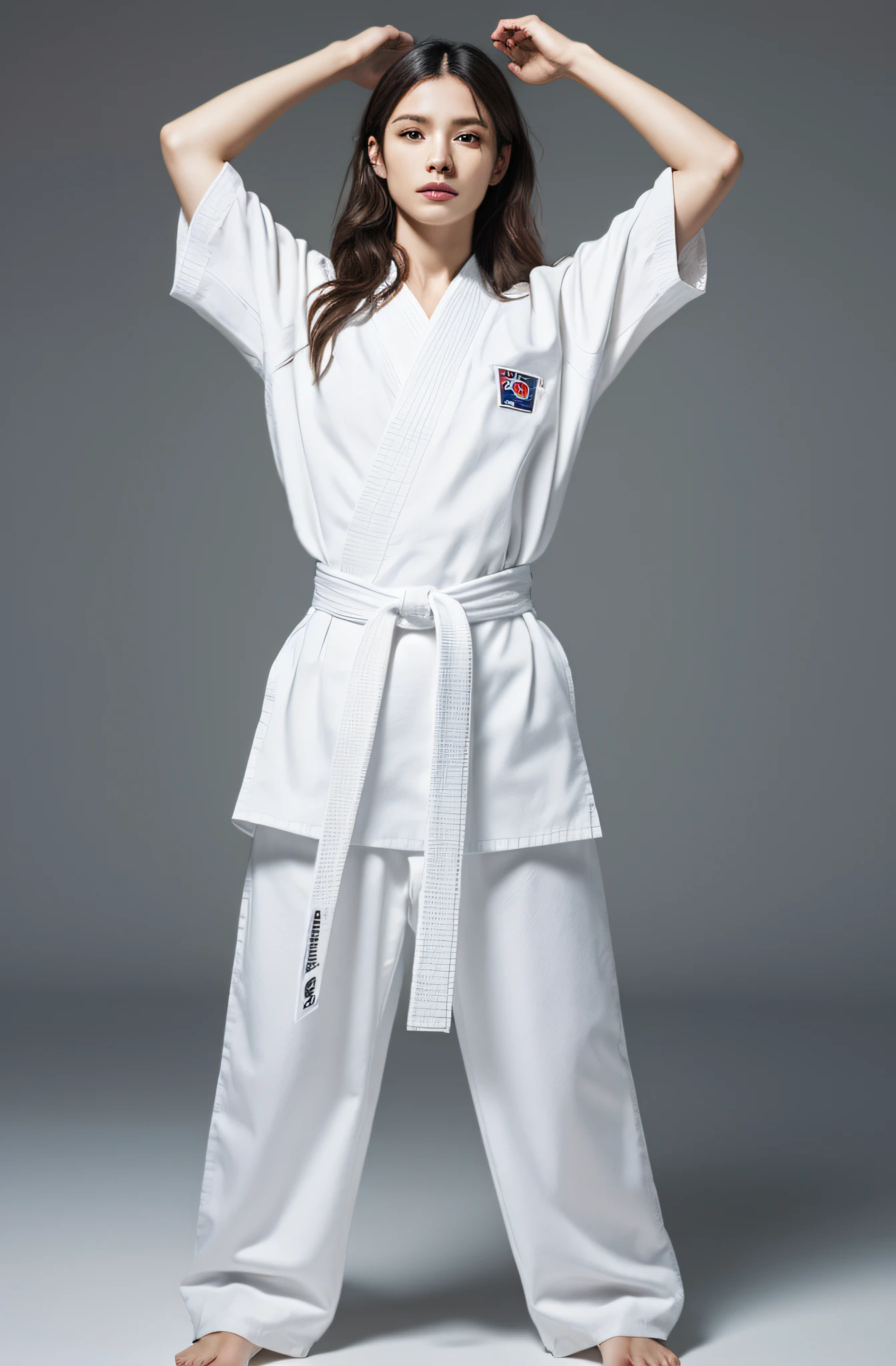 musculature, Full body 8K portrait, stretching arms up, White Karate Uniform, White karate pants, Longhaire