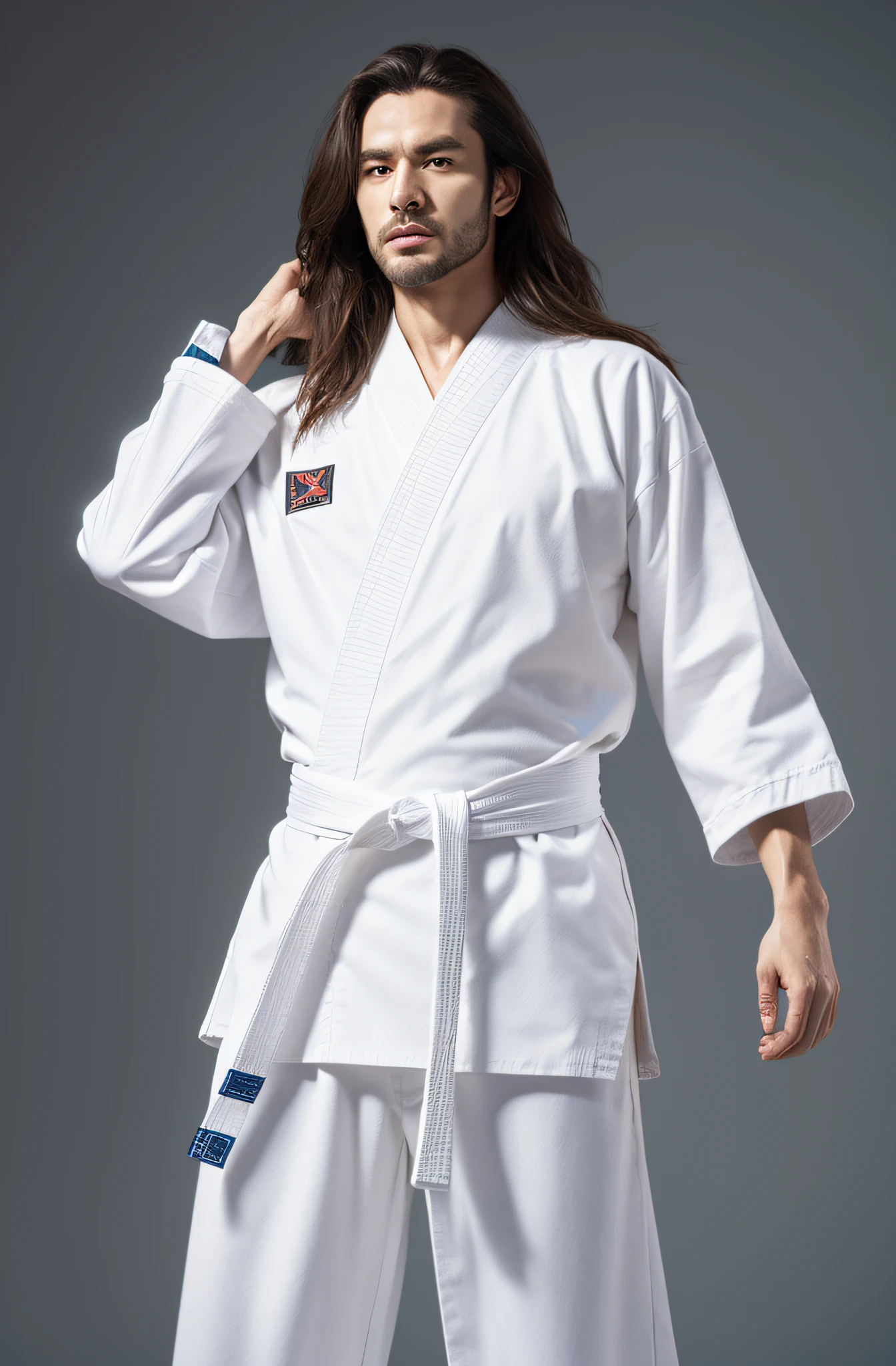 musculature, Full body 8K portrait, stretching arms up, White Karate Uniform, White karate pants, Longhaire