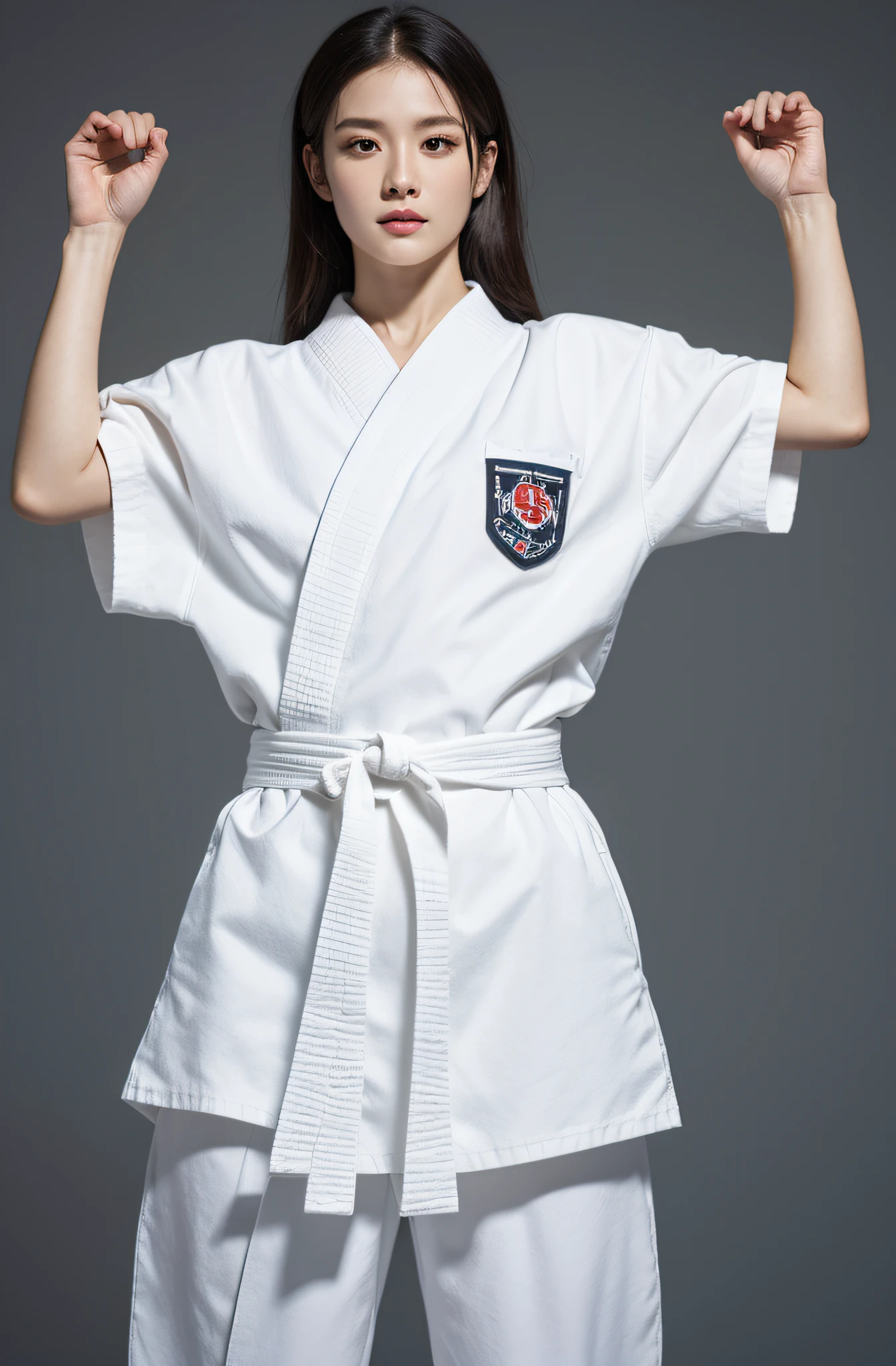 musculature, Full body 8K portrait, stretching arms up, White Karate Uniform, White karate pants, Longhaire