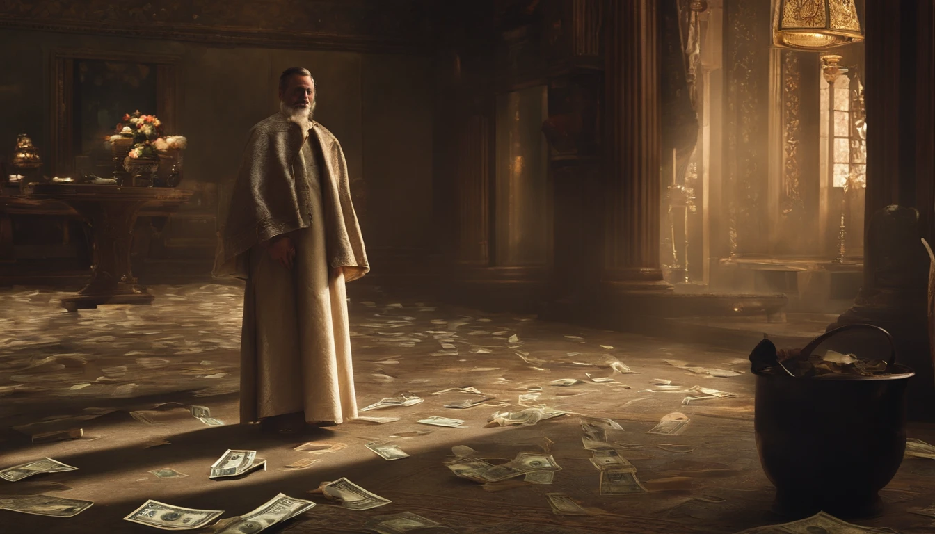 A beggar suddenly becomes rich,The eyeball protrudes beyond the orbit,Holding a large dollar bill in his hand,The floor was littered with scattered banknotes,Banknotes floating in the air。The air is filled with the smell of materialism。