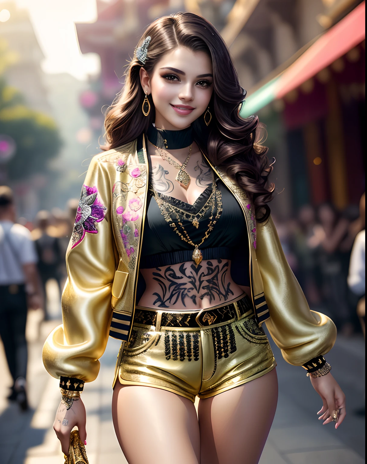 (masterpiece photography of a solo:1.2) alluring sex(Selena Gomez:Emma Watson:0.8) tall curvy (18 yr old)  walking in style on a a street, (wearing Blingy jewel encrusted jacket & embroidered shorts:1.3). hip hop energy, maximalism, (heavily tattooed:1.3),  (indian makeup & jewelry:1.2) short brown wavy hair with highlights,, vivacious, lustful glance, exhilarated (beautiful detailed eyes:1.1) , (flirty bright smile:1.2), blingy shopping district,(intense dramatic light:1.4), backlit, light rays, highly detailed, trending on artstation, paint splashes, rich colour, dazzling lights all around, (perfect wavy hairstyles), abstract portrait, by Atey Ghailan