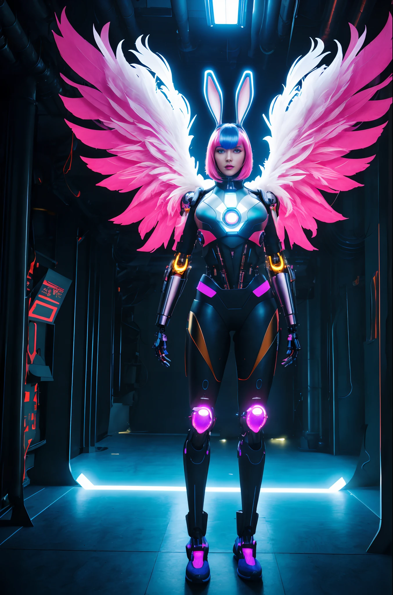 (wide wide shot),(Best quality,Masterpiece:1.2),(Futuristic cyborg woman), (Rabbit ears),bright colored hair,((A pair of huge feathered wings)),Her wings are a marvel of technology, A combination of a sturdy metal frame and a delicate translucent film,((Inside the mechanical body)),(Footwear),Metallic。nigth,(Facing the lens,Central symmetry),standing on your feet,(No man's street),Vibrant colors,Light trails and neon lights in the background,Science fiction art style.The lighting is dramatic, Bright areas contrast strongly with deep shadows, creating a sense of depth and dimension. The overall composition is vibrant and captivating, Centered on cyborg girls, Exude power, Grace, There is also a touch of mystery.