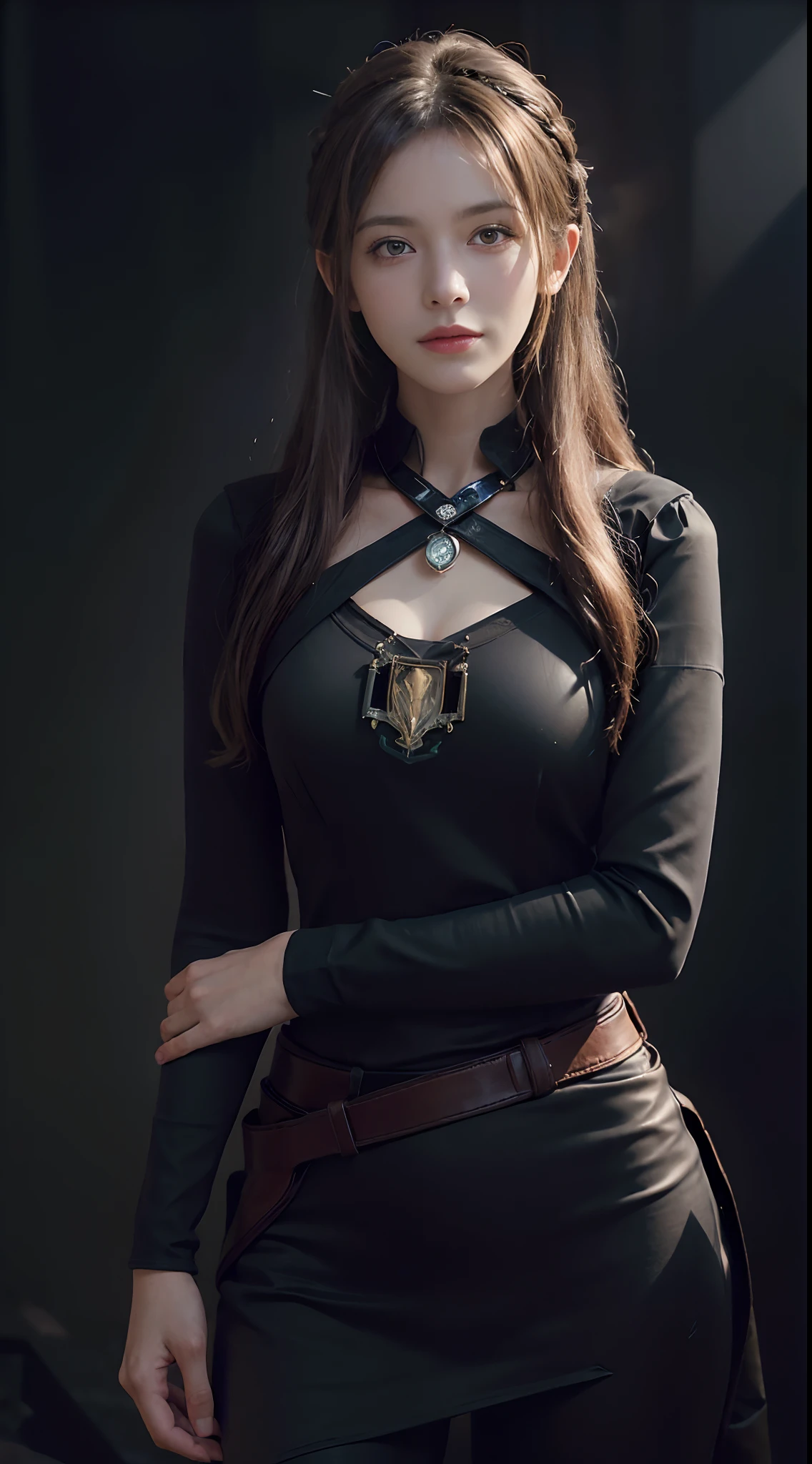 (front focus),(in the dark:1.6), Hyperrealist portrait of female by david hockney and alphonse mucha,fantasy art, photo realistic, dynamic lighting, artstation, poster, volumetric lighting, very detailed faces, 4 k, award winning,, 1girl, in the dark, deep shadow, low key,cowboy shot,(official clothing:1.4) ,long hair,white hair,