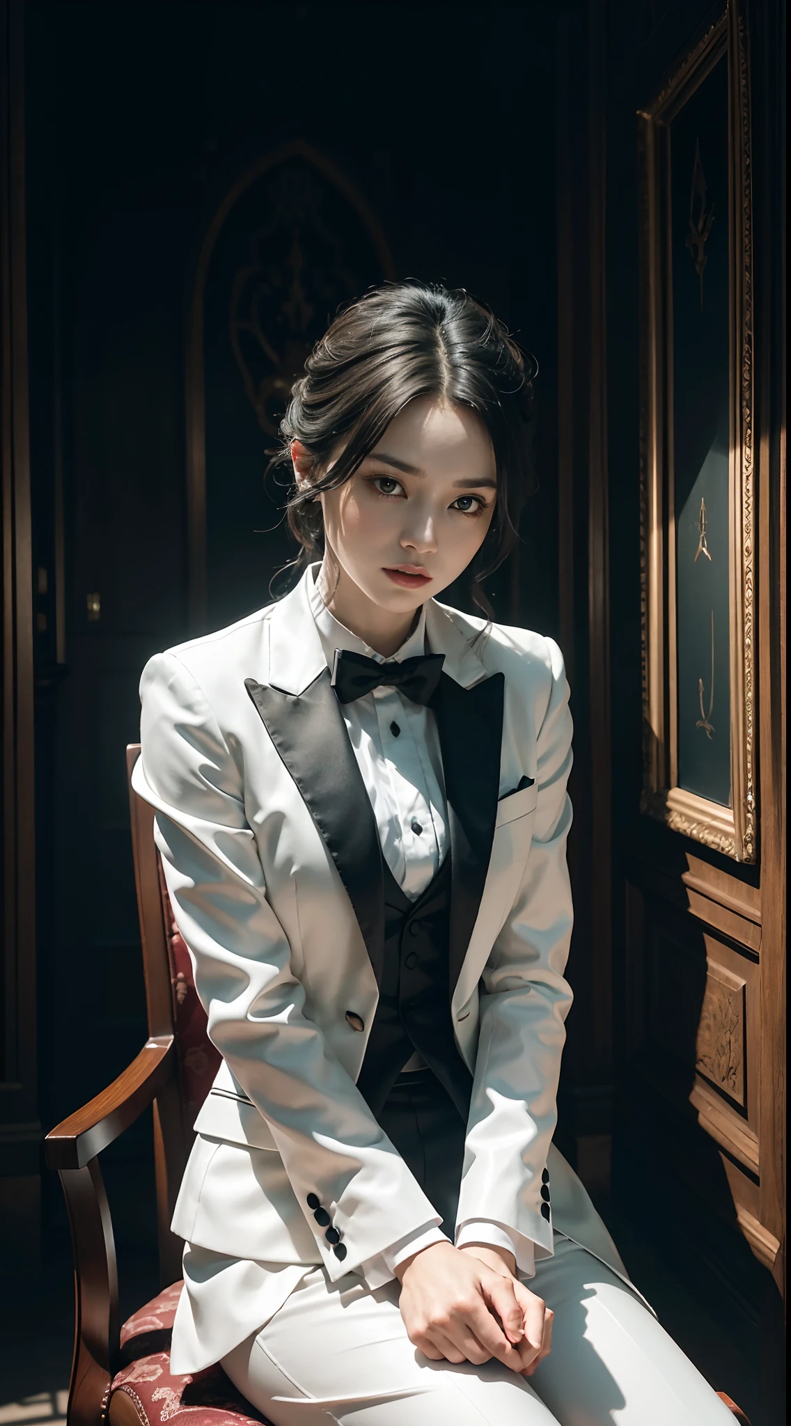 "(exquisitely detailed CG unity 8k wallpaper, masterpiece-quality with stunning realism), (best illumination, best shadow), (best quality), (elegant and demonic style:1.2), sitting elegantly upon an intricately carved chair, wearing a (sleek white tuxedo:1.2), (piercing black eyes+short black hair:0.8), surrounded by an ominous and dark atmosphere, accentuated by dramatic and striking lighting, imbued with a sense of surreal fantasy".