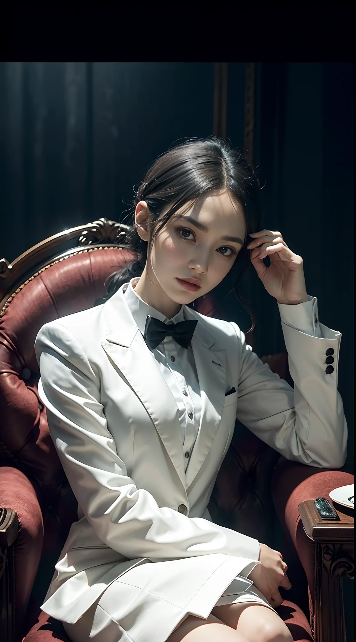 "(exquisitely detailed CG unity 8k wallpaper, masterpiece-quality with stunning realism), (best illumination, best shadow), (best quality), (elegant and demonic style:1.2), sitting elegantly upon an intricately carved chair, wearing a (sleek white tuxedo:1.2), (piercing black eyes+short black hair:0.8), surrounded by an ominous and dark atmosphere, accentuated by dramatic and striking lighting, imbued with a sense of surreal fantasy".