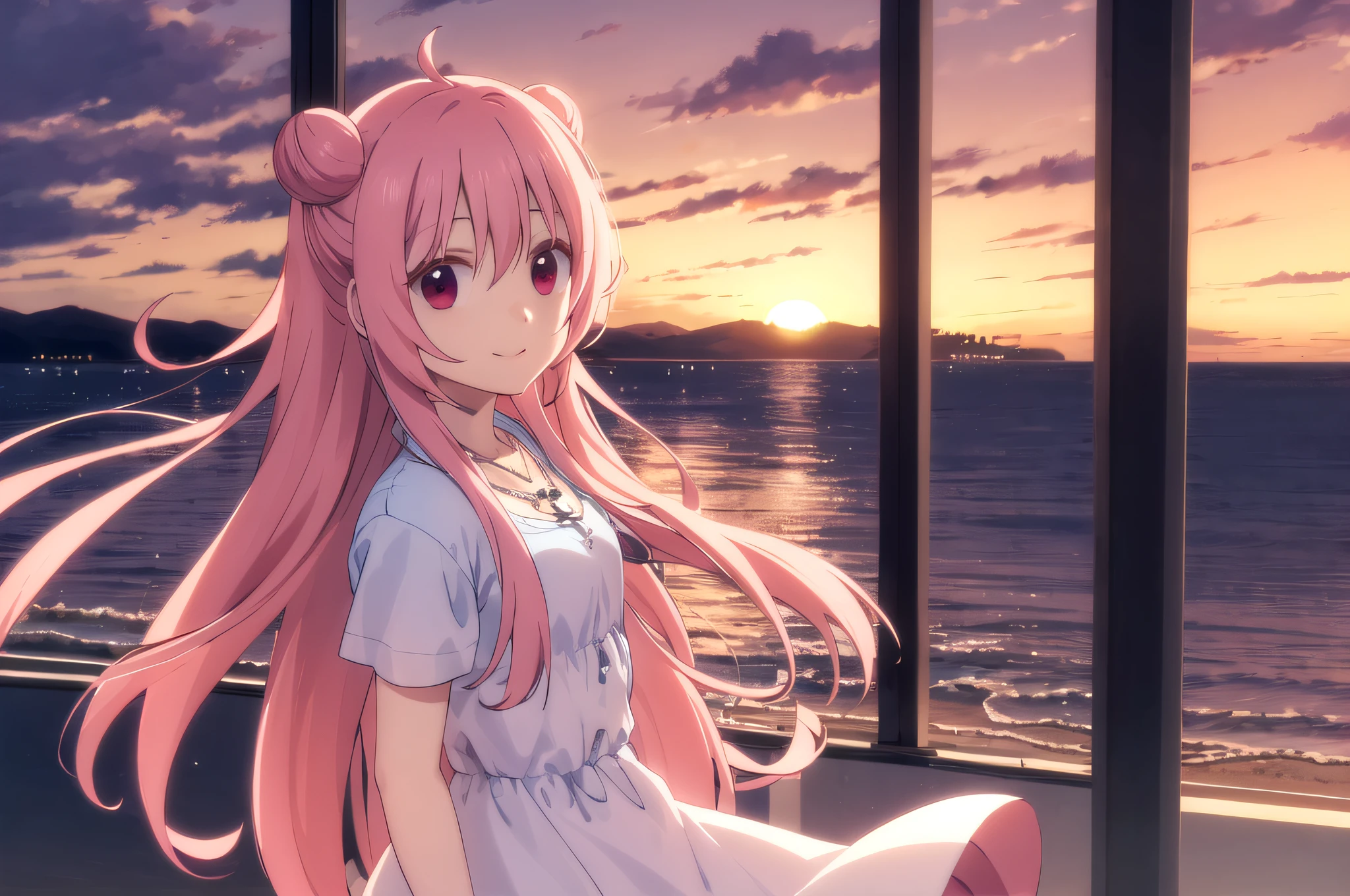 Sato, Hair bread, Long hair, Pink hair, Red Eyes, Cold wind, White dress, summer dress, Seafront, sunset, Wave Hill, Be happy, necklaces