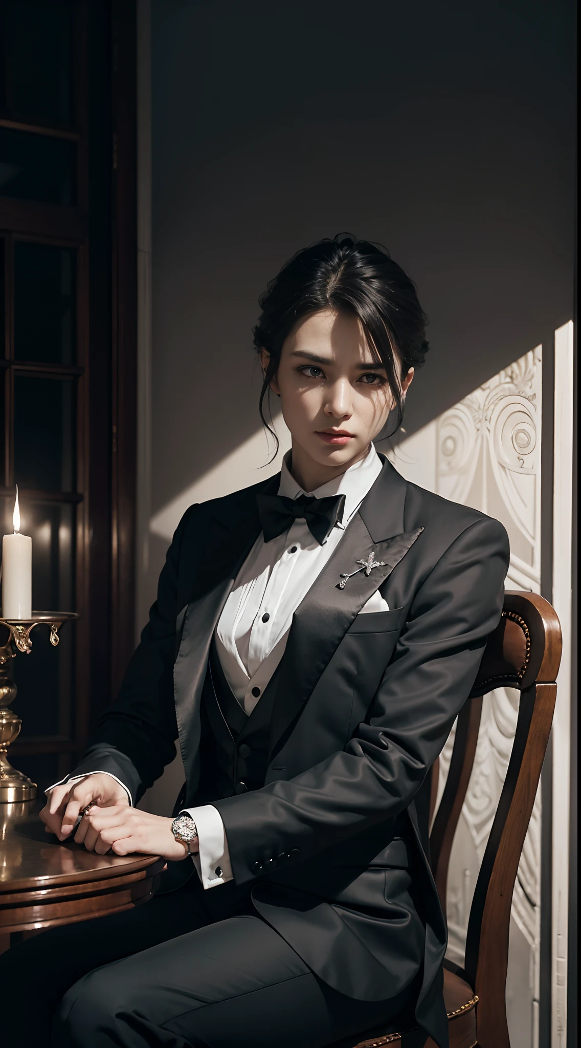 "(exquisitely detailed CG unity 8k wallpaper, masterpiece-quality with stunning realism), (best illumination, best shadow), (best quality), (elegant and demonic style:1.2), sitting elegantly upon an intricately carved chair, wearing a (sleek white tuxedo:1.2), (piercing black eyes+short black hair:0.8), surrounded by an ominous and dark atmosphere, accentuated by dramatic and striking lighting, imbued with a sense of surreal fantasy".