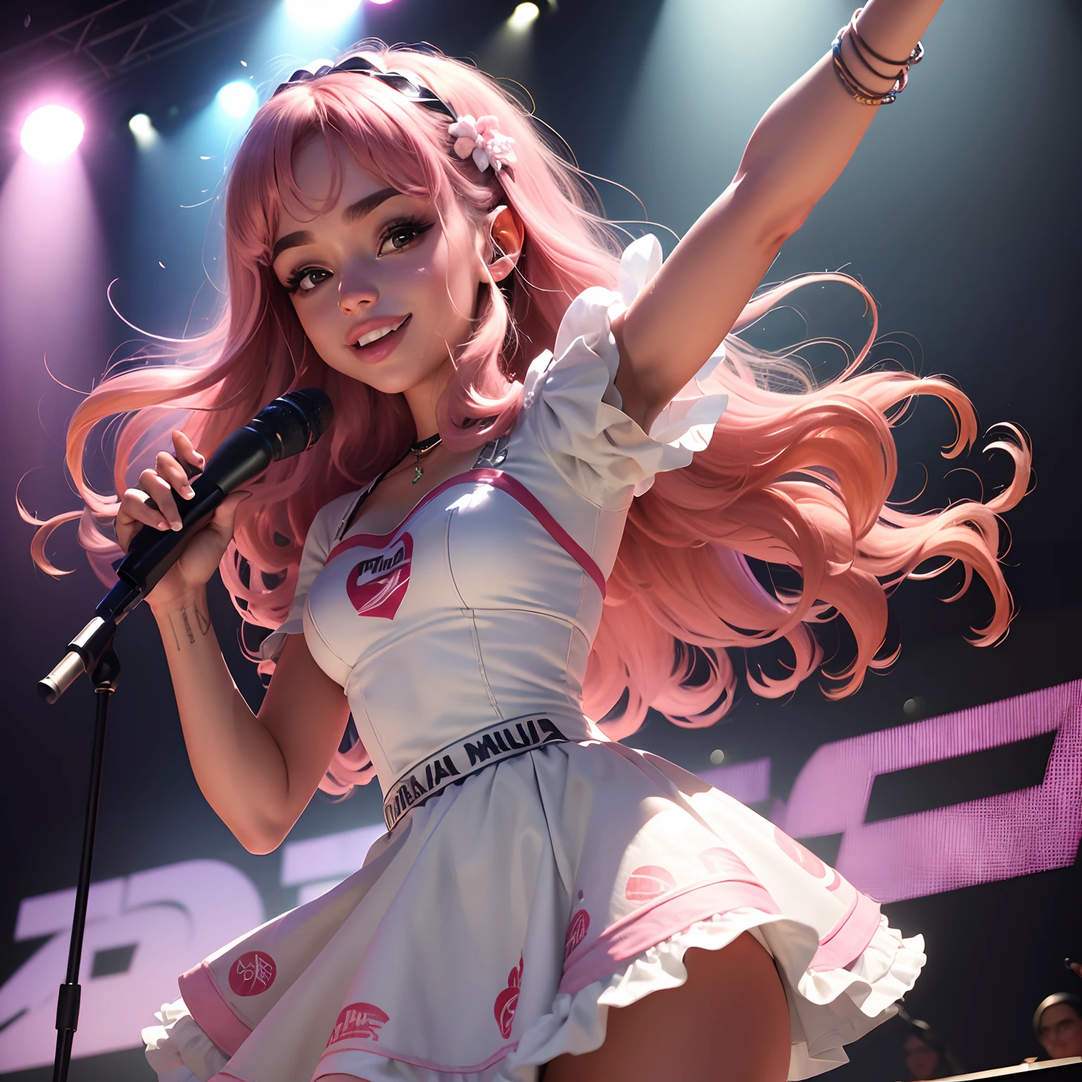 (Melhor qualidade), (ultra qualidade), (HD), (imagem inteira), (imagem no palco de um show), (Mulher jovem de 23 anos, pele branca, cabelo rosa, sorrindo, com um vestido curto na cor prata, holding a microphone with his right hand close to his lips, uma pop star).