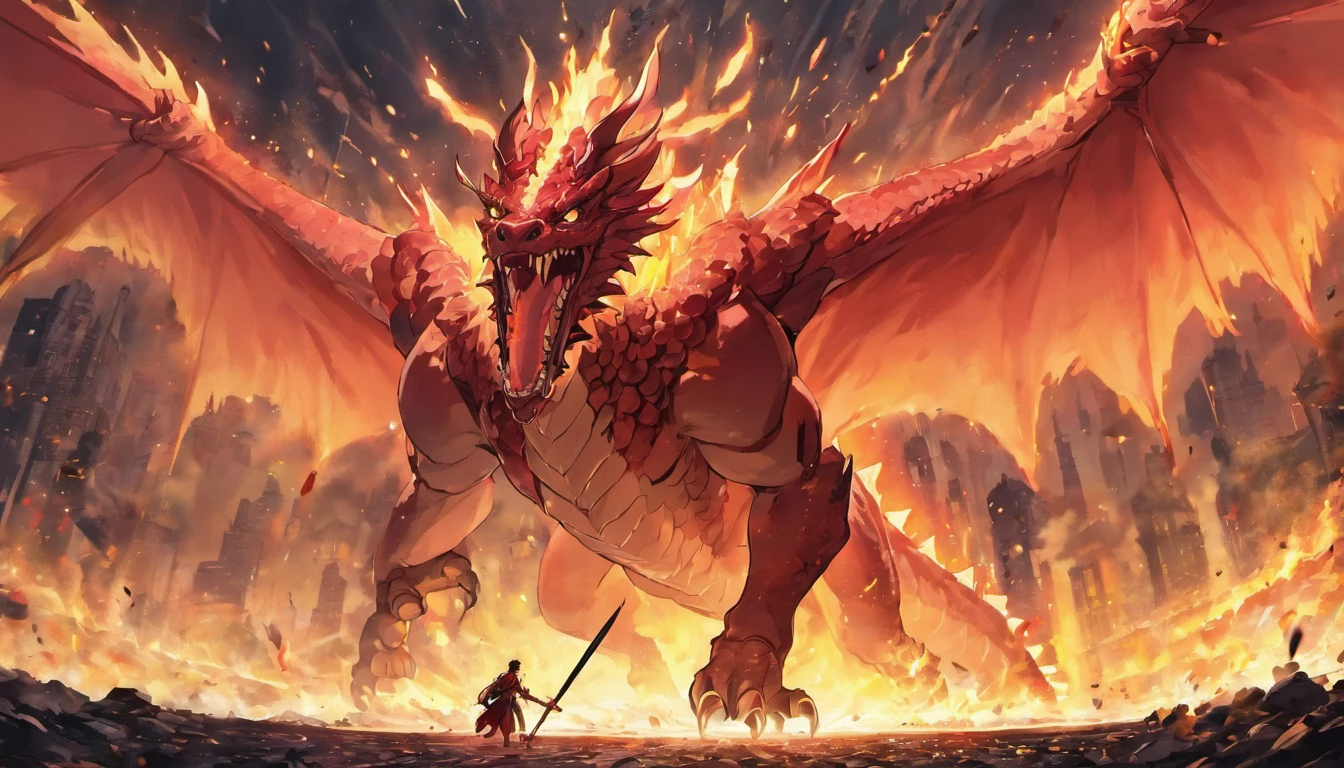 Generate a captivating image of a massive red dragon in an epic battle with a courageous army, with both sides showcasing their might and power in a visually striking manner.