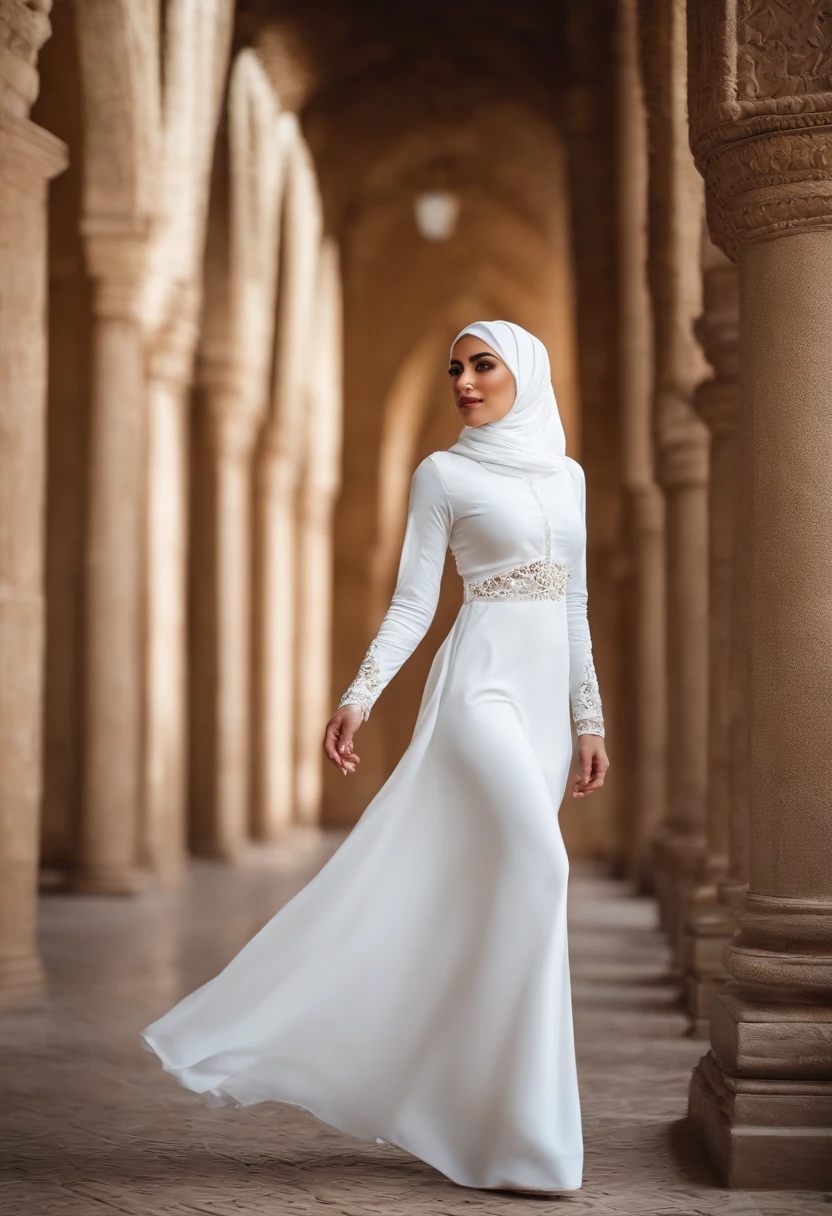 50 year old hijab mature woman seen from behind wearing a mini skirt wedding dress that does not cover her lobettes at her wedding
