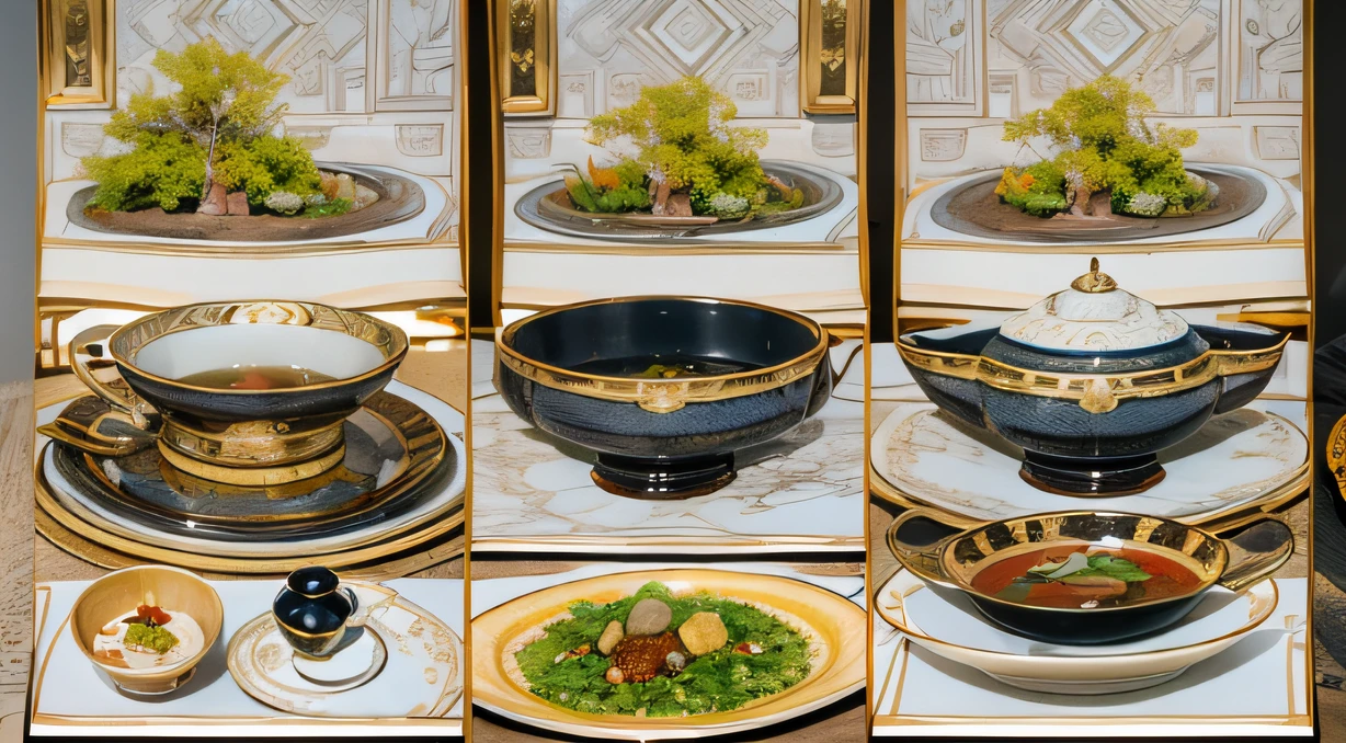 Top picture quality，8K,Meeting site，In the canyon ancient temple，All look at the desktop，Six male immortals，Black gold python robe crane embossed，Gourd tea set，Six dishes and one soup，A master piece of telephoto photography，Realisticstyle，hyper photorealism, Cinematic lighting, projected inset,