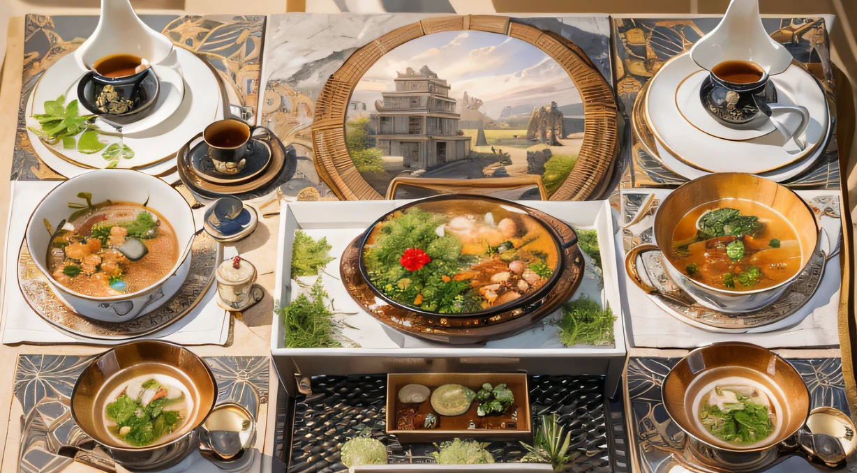 Top picture quality，8K,Meeting site，In the canyon ancient temple，All look at the desktop，Six male immortals，Black gold python robe crane embossed，Gourd tea set，Six dishes and one soup，A master piece of telephoto photography，Realisticstyle，hyper photorealism, Cinematic lighting, projected inset,