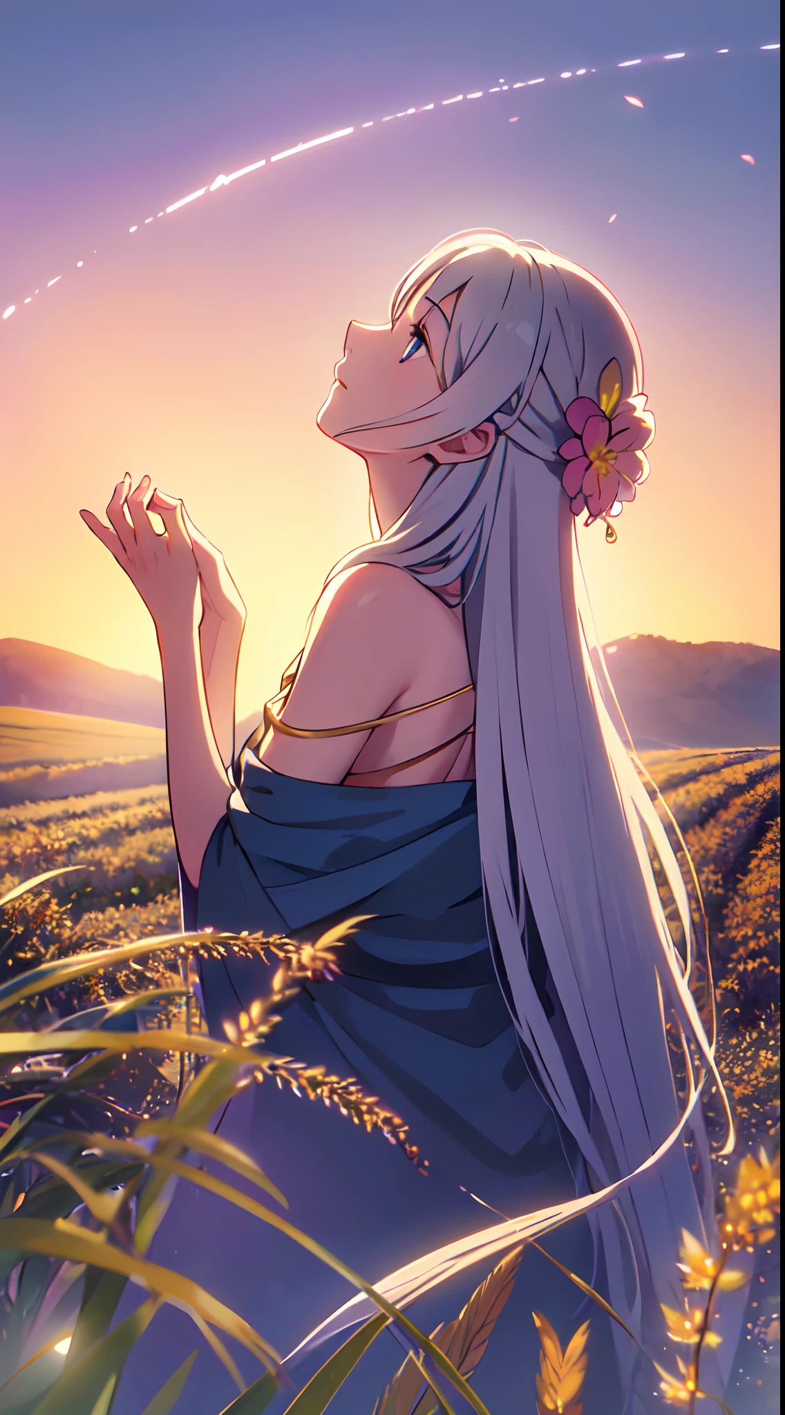masterpiece, best quality, 1lady, solo, (really long hair), white hair, (flowers hair ornament), light blue eyes, (looking up at the sky), necklace, earrings, night, Vast sky, beautiful skyline, fireflies, fantasy, off shoulder blue dress, medium bust, night scenery, behind view, back view, touching wheat field, close up, look up
