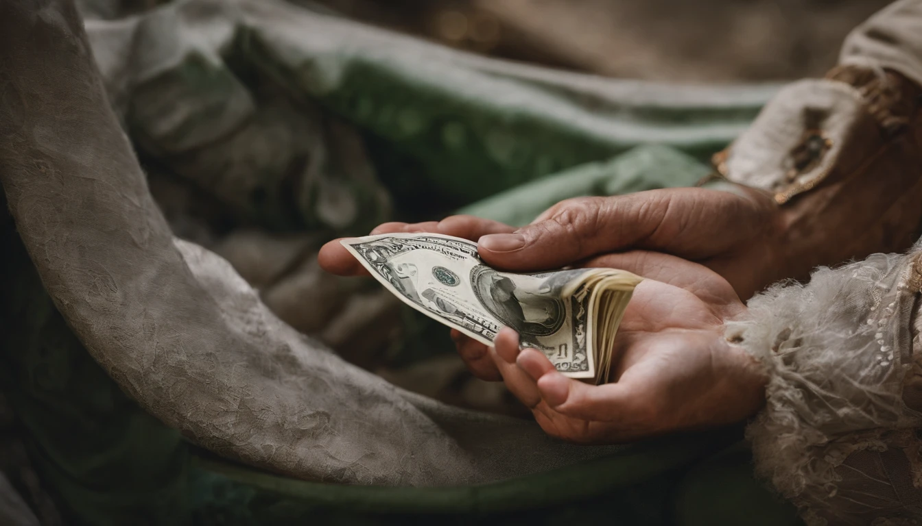 A beggar suddenly becomes rich,The eyeball protrudes beyond the orbit,Holding a large dollar bill in his hand,The floor was littered with scattered banknotes,Banknotes floating in the air。The air is filled with the smell of materialism。