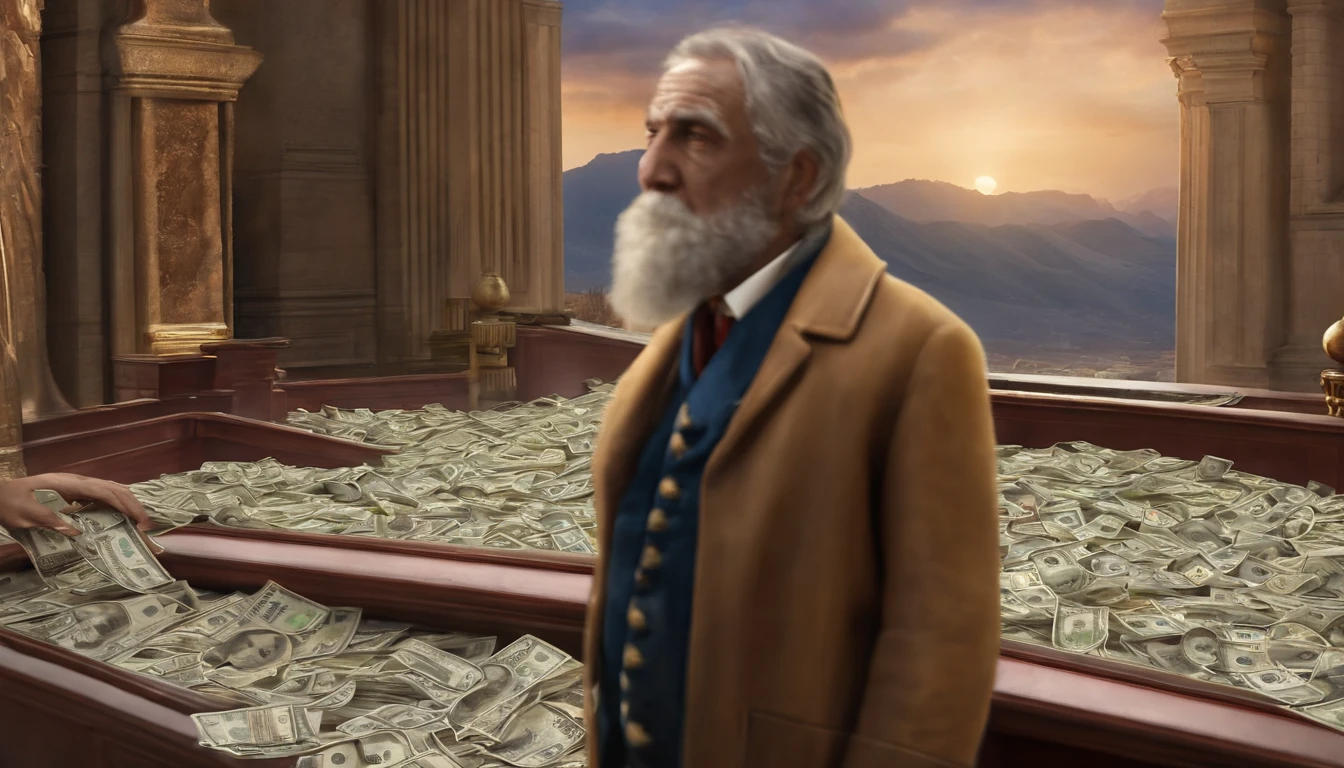 A beggar suddenly becomes rich,The eyeball protrudes beyond the orbit,Holding a large dollar bill in his hand,The floor was littered with scattered banknotes,Banknotes floating in the air。The air is filled with the smell of materialism。