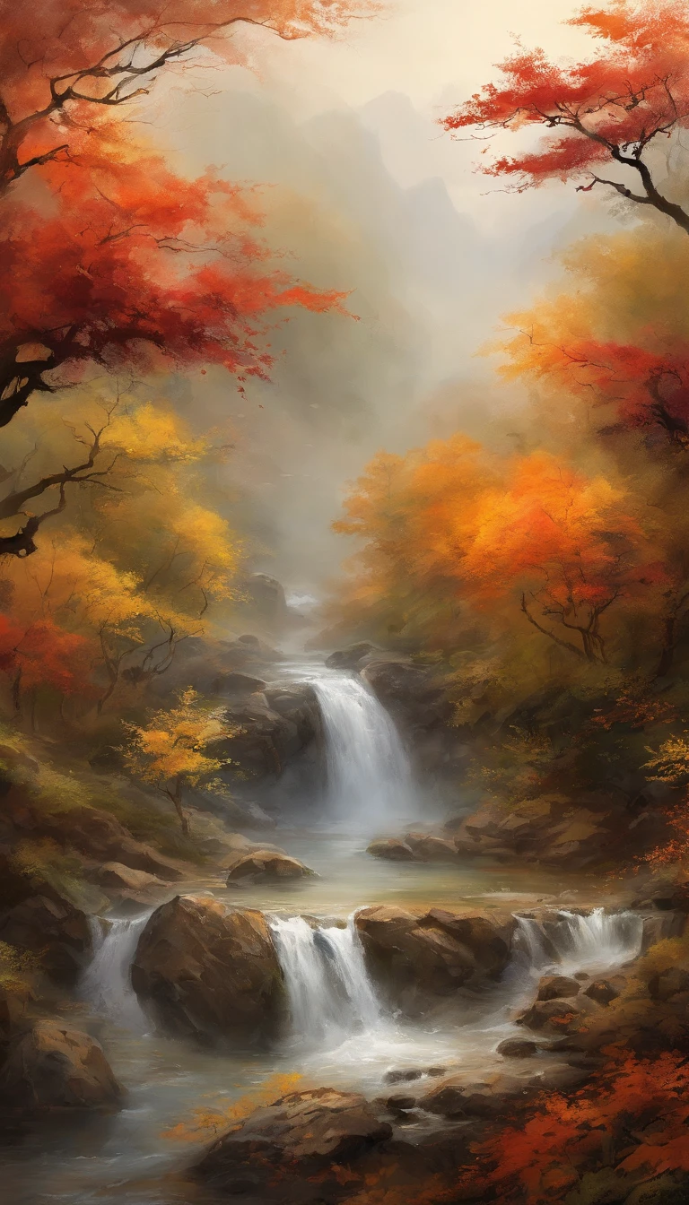 China-style,Ultra-wide angle of view,Beautiful view of autumn,mountain spring,waterfallr,Cloud fog,fall foliage,Fallen leaves all over the ground,oc rendered,high qulity,8K,super-fine,Hyper-realistic,Ultra photo realsisim,35mm camera lens,ultra - detailed