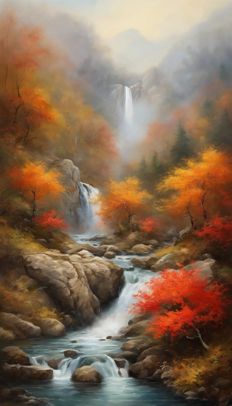 China-style,Ultra-wide angle of view,Beautiful view of autumn,mountain spring,waterfallr,Cloud fog,fall foliage,Fallen leaves all over the ground,oc rendered,high qulity,8K,super-fine,Hyper-realistic,Ultra photo realsisim,35mm camera lens,ultra - detailed