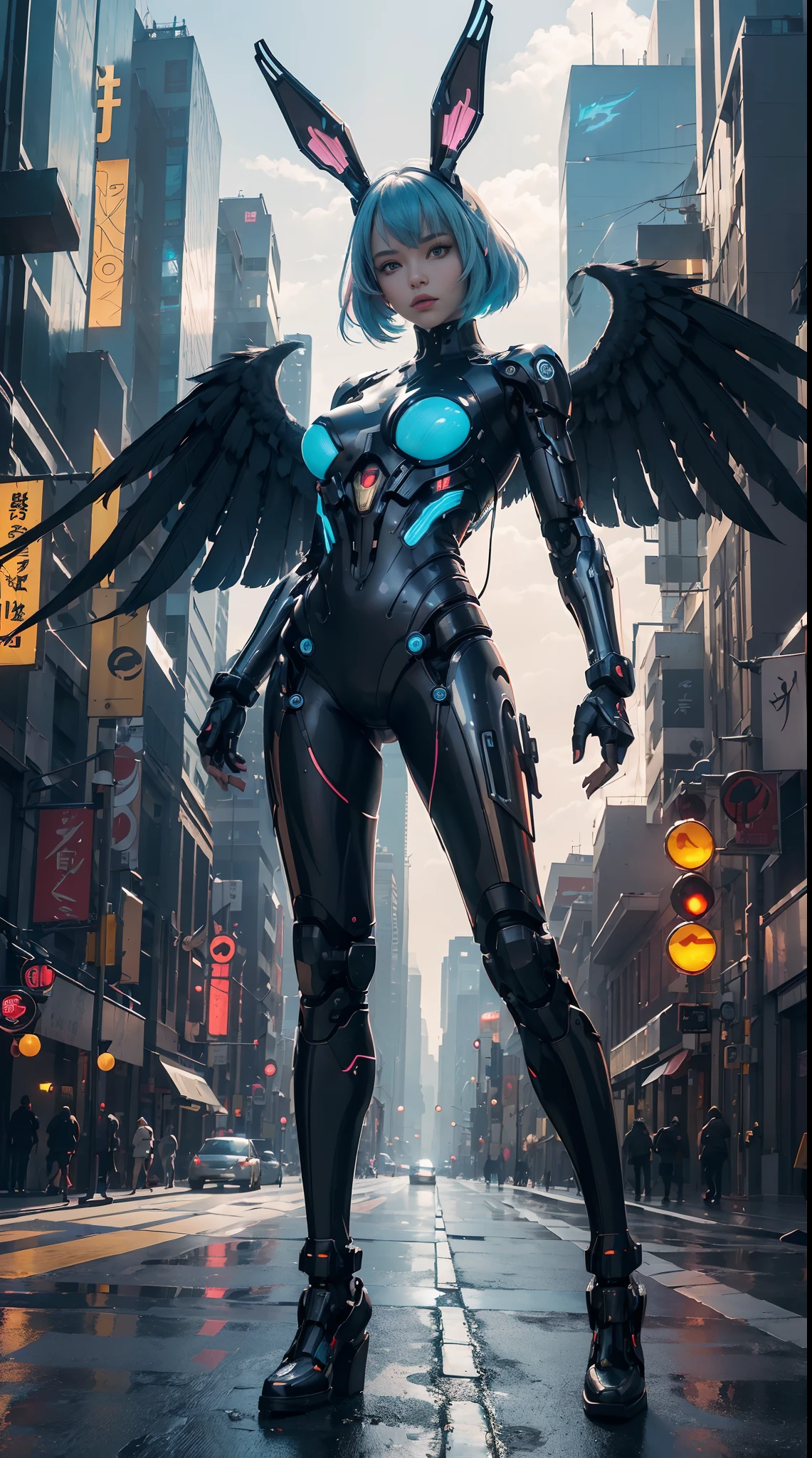 (wide wide shot)，(Best quality,Masterpiece:1.2),(Futuristic cyborg woman), (Rabbit ears)，bright colored hair，((A pair of huge feathered wings)),Her wings are a marvel of technology, A combination of a sturdy metal frame and a delicate translucent film,((Inside the mechanical body)),(Footwear),Metallic。nigth,(Facing the lens，Central symmetry)，standing on your feet，(No man's street)，Vibrant colors,Light trails and neon lights in the background,Science fiction art style.The lighting is dramatic, Bright areas contrast strongly with deep shadows, creating a sense of depth and dimension. The overall composition is vibrant and captivating, Centered on cyborg girls, Exude power, Grace, There is also a touch of mystery.