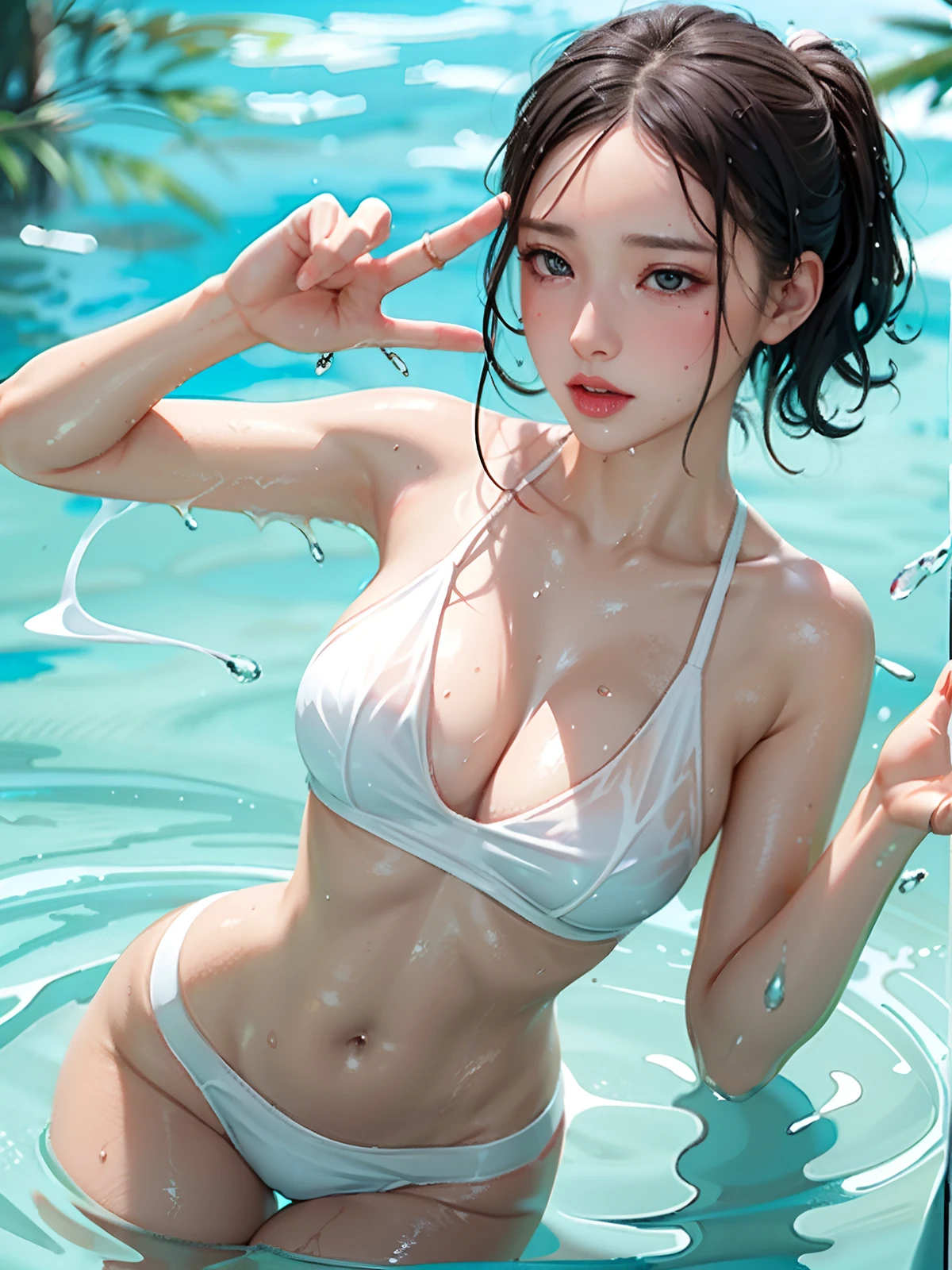 Girl wet with white viscous liquid