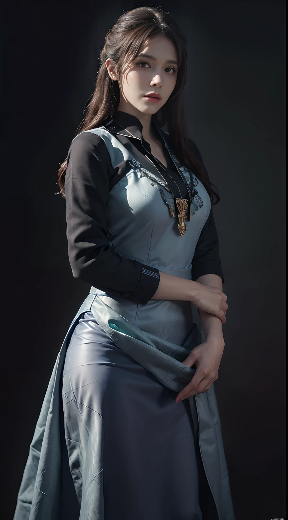 (front focus),(in the dark:1.6), Hyperrealist portrait of female by david hockney and alphonse mucha,fantasy art, photo realistic, dynamic lighting, artstation, poster, volumetric lighting, very detailed faces, 4 k, award winning,, 1girl, in the dark, deep shadow, low key,cowboy shot,(official clothing:1.4) ,long hair,white hair,