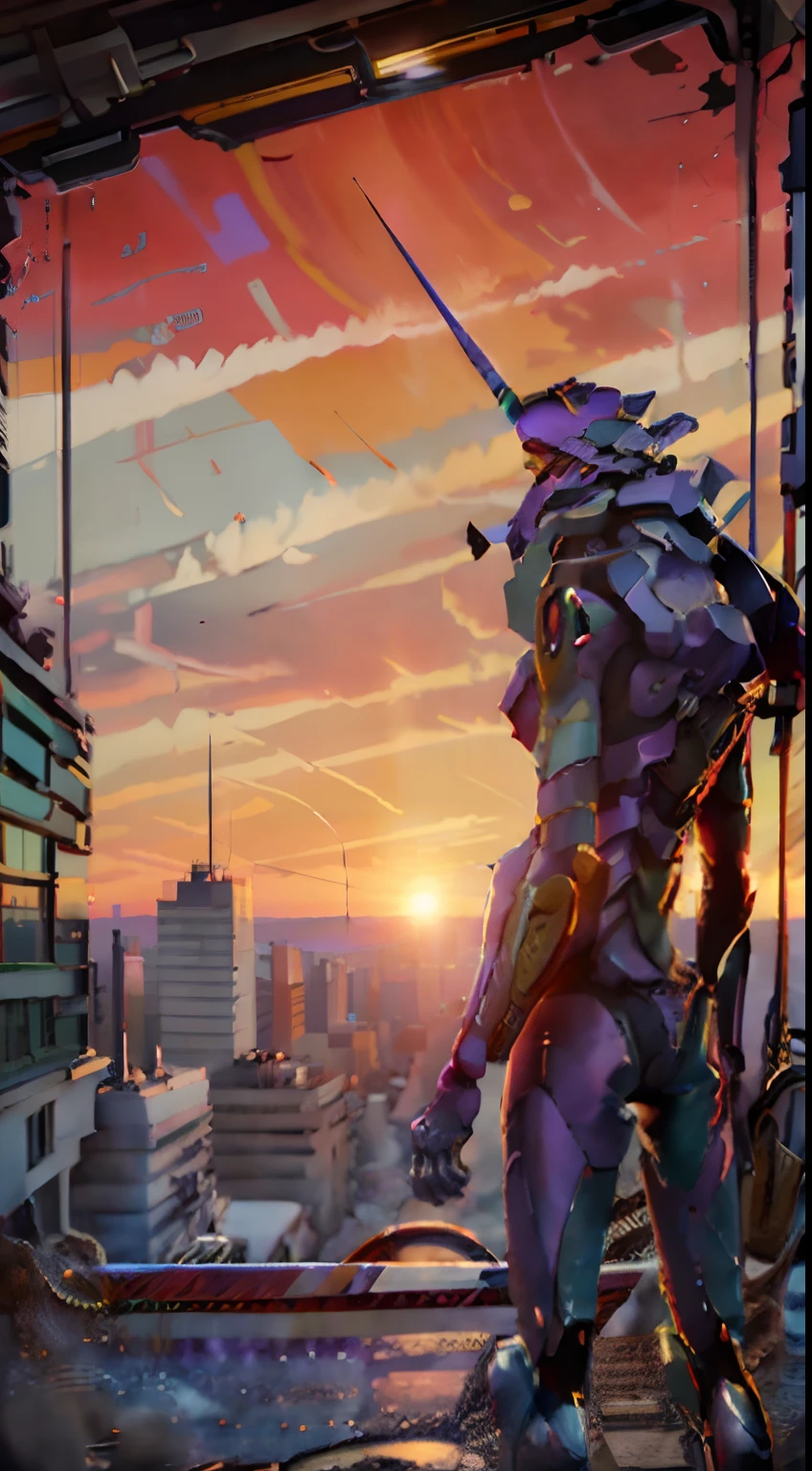 EVA01,stand up,Looking at Viewert,Sunset background,city backdrop,Depth of field,oil painted,8K,beste-Qualit,