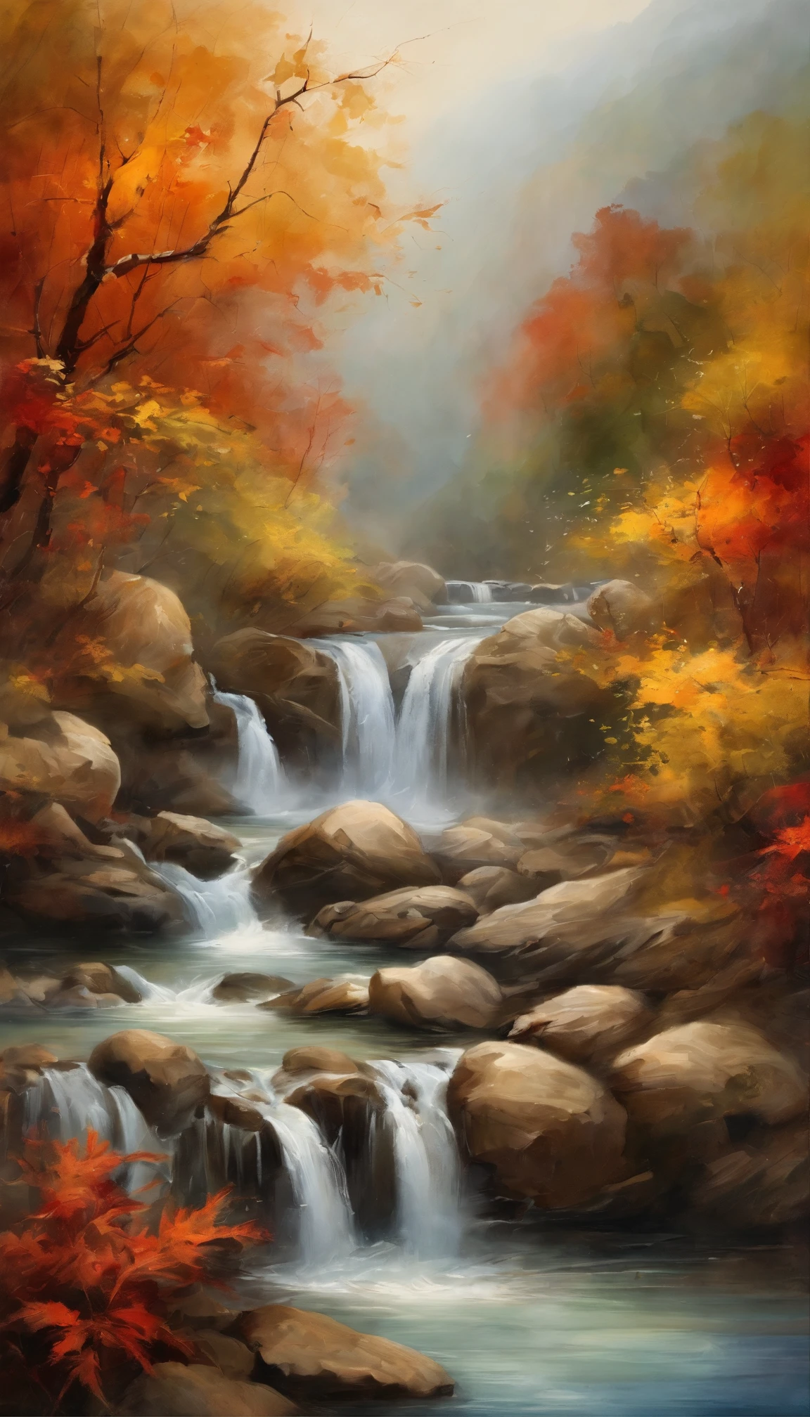 China-style，Ultra-wide angle of view，Beautiful view of autumn，mountain spring，waterfallr，Cloud fog，fall foliage，Fallen leaves all over the ground，oc rendered，high qulity，8K，super-fine，Hyper-realistic，Ultra photo realsisim，35mm camera lens，ultra - detailed