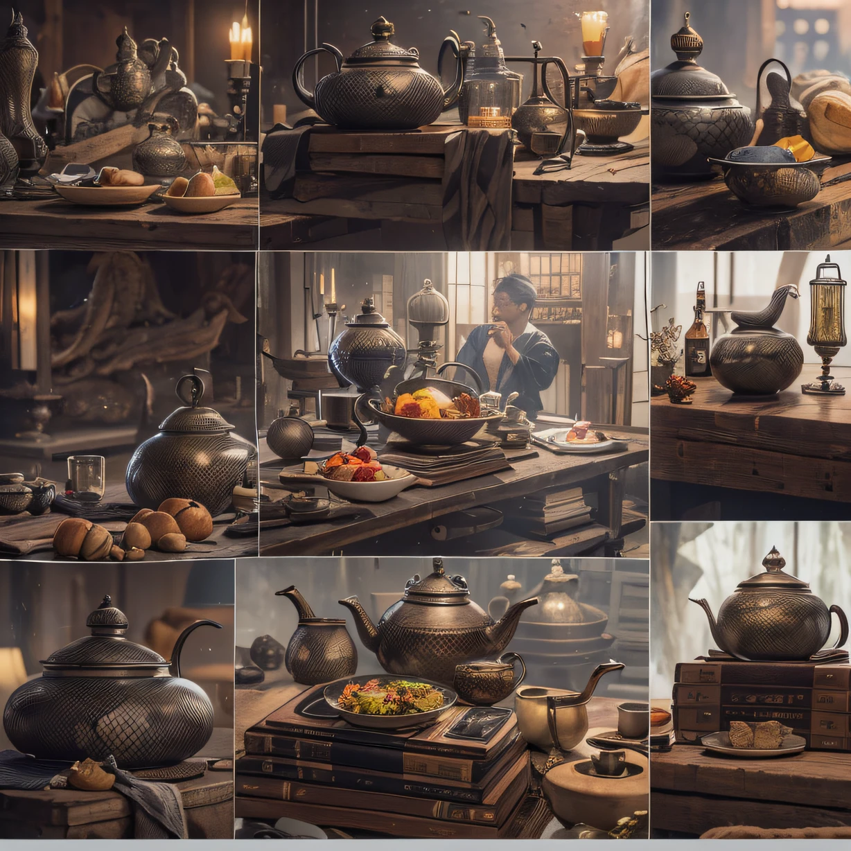 Top picture quality,8K,Meeting site,In the canyon ancient temple,All look at the desktop,Six male immortals,Black gold python robe crane embossed,Gourd tea set,Six dishes and one soup,A master piece of telephoto photography,Realisticstyle,hyper photorealism, Cinematic lighting, projected inset,