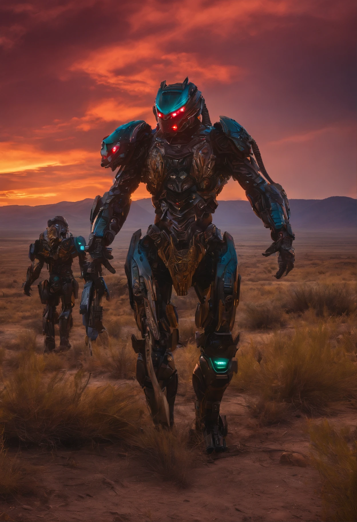 A humanoids predator Android landscape       
 cyberpunk and Prairie