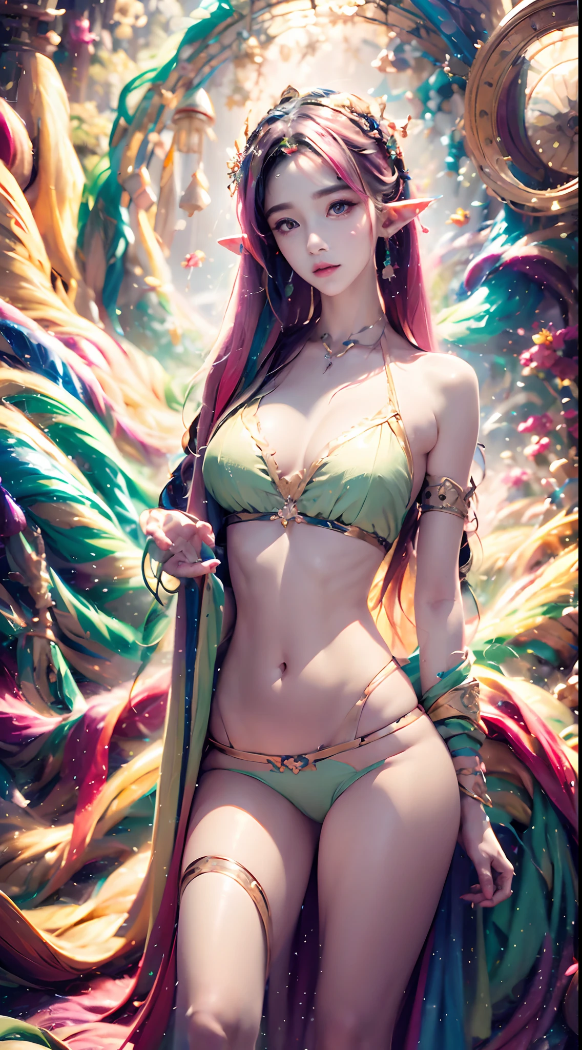( Absurd, High quality, Ultra-detailed, Masterpiece, concept-art, smooth, high detail artwork, Hyper-realistic painting , high resolution, paint splatter, colored splashing, Splash of Ink, colored splashing), (( Rainbow hair)),elf, Plum elf, plum , Transparent fairy wings, wearing only his underwear,huge tit,low chest,fairytale-like, Romantic, Vivid, Whole body,hand behind back,Malu,largeeyes,(Eye focus),Cosmic eyes,Space eyes,looking to the camera,In nature with waterfalls,PureErosFace_V1,Urzang-6500-V1 version.1,