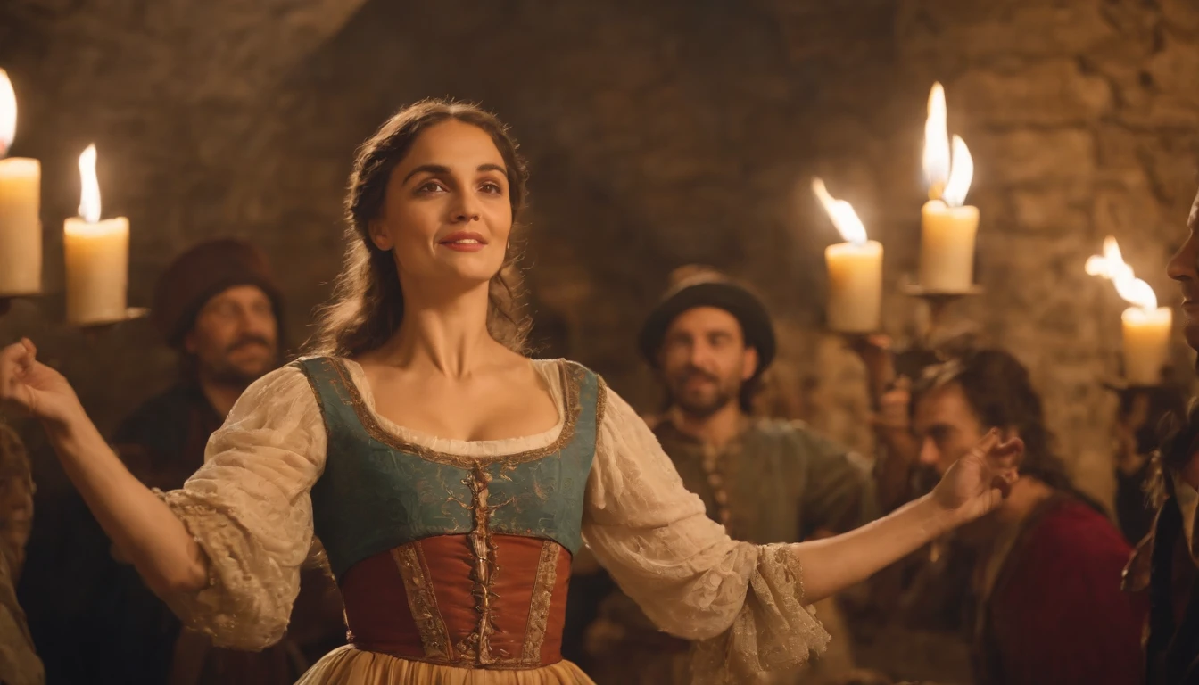 medieval Hungary, night, gypsy woman dances with swirling colourful skirts for a crowd of nobles who feast at tables, candles, night, cinematic