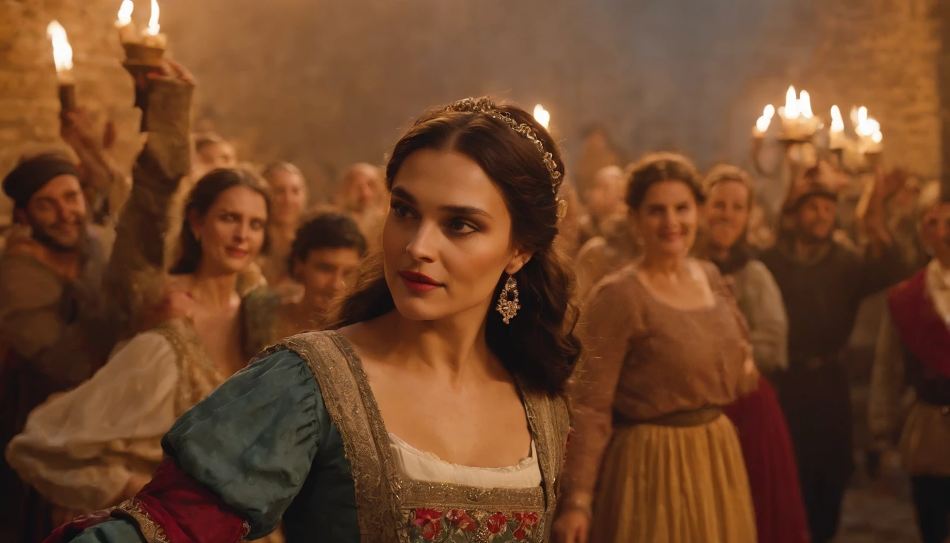 medieval Hungary, night, gypsy woman dances with swirling colourful skirts for a crowd of nobles who feast at tables, candles, night, cinematic