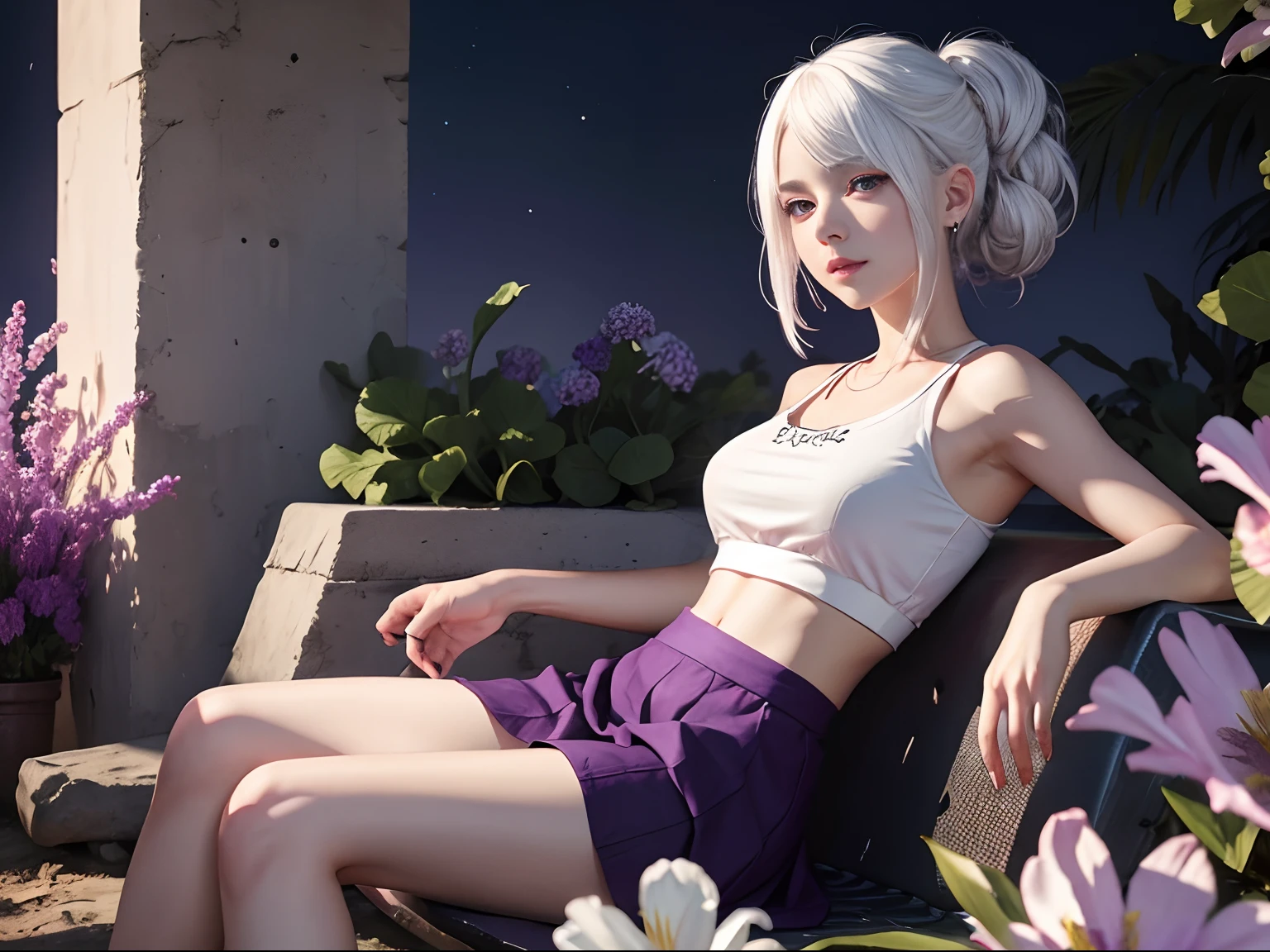 realistic, 1girl, white hair, purple eyes, glowing eyes, crop top, skirt, parted lips, blush, night, flowers, sun, sunlight, --auto