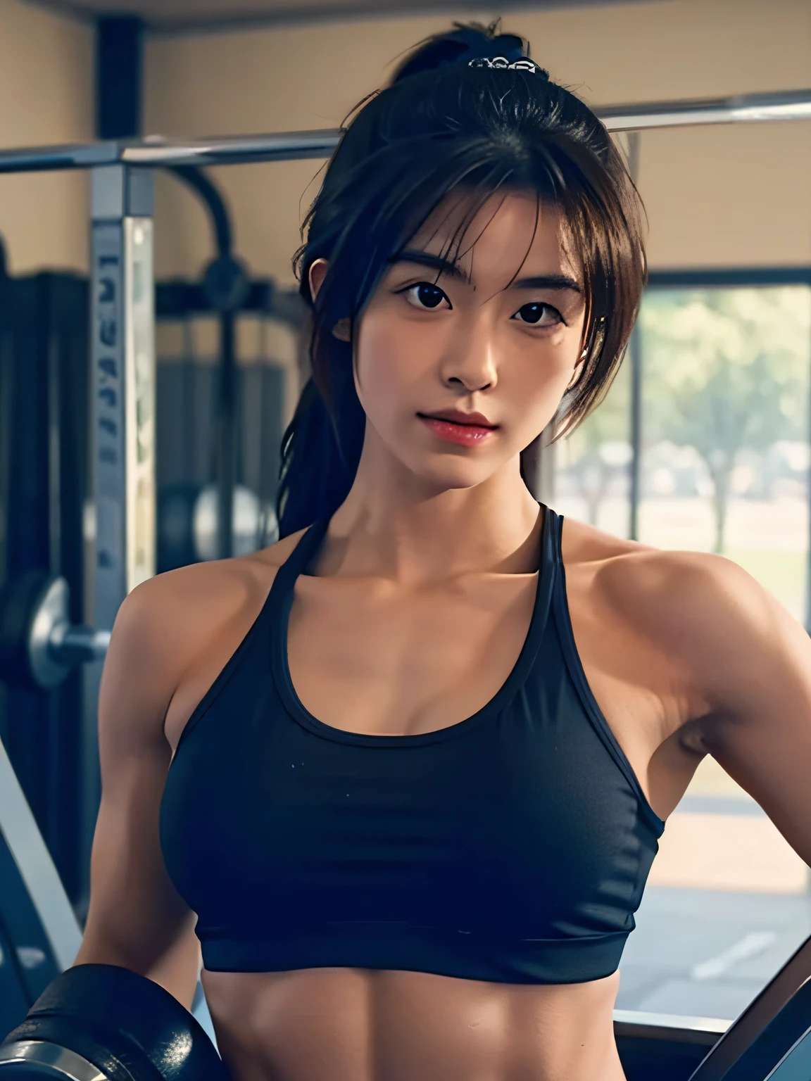 Portrait Photogram，The background is blurred out，hight contrast，high saturated，A woman who is，Muscles throughout the body，The muscles are well defined，Hold the barbell，in  the gym，Fitness，hentail realism，ultra-realistic realism，Real portraits，4K，8K，Volumetriclighting