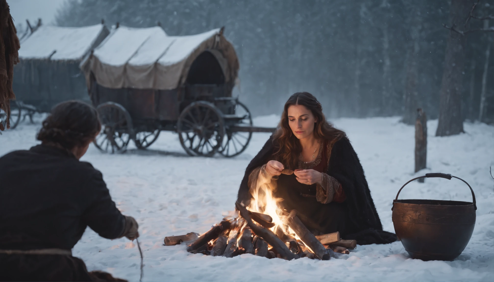 medieval Hungary, darkest night, snow, gypsy woman sits beside a fire casting a spell, eerie, gypsy wagon in background, snowing, cinematic scene from film