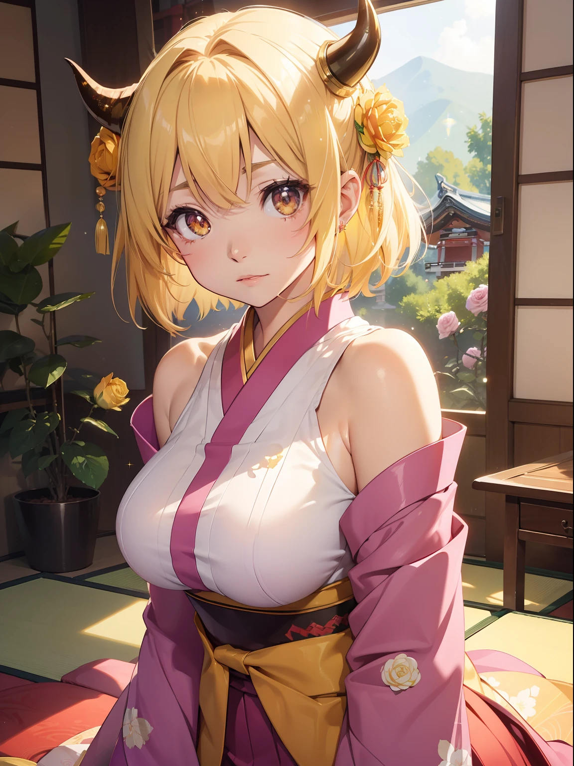 One blonde girl、anime、red eyes、NFSW、nipples are visible、sun、Kyoto、Kinkakuji Temple、cherry blossoms、cherry blossoms吹雪