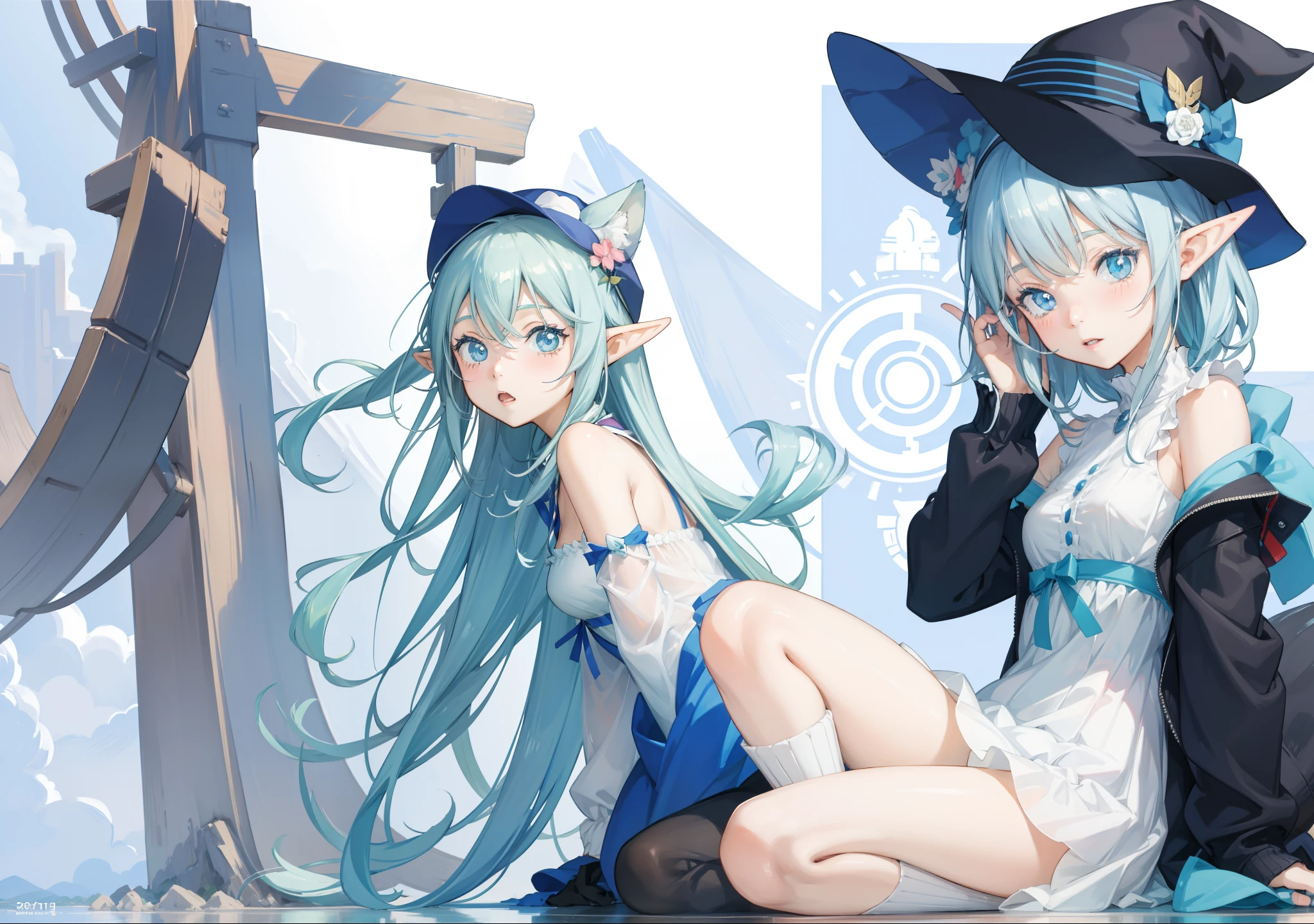 Anime girl sitting on the ground wearing hat and boots, Elf Girl, Cute anime girl, Digital art on Pisif , Digital anime illustration, Digital anime art!!, Pisif, Soft anime illustration, Pisif Contest Champion, Anime style portrait, Cute anime style, in dress, zerochan art, pretty anime girl, Blue Elf,