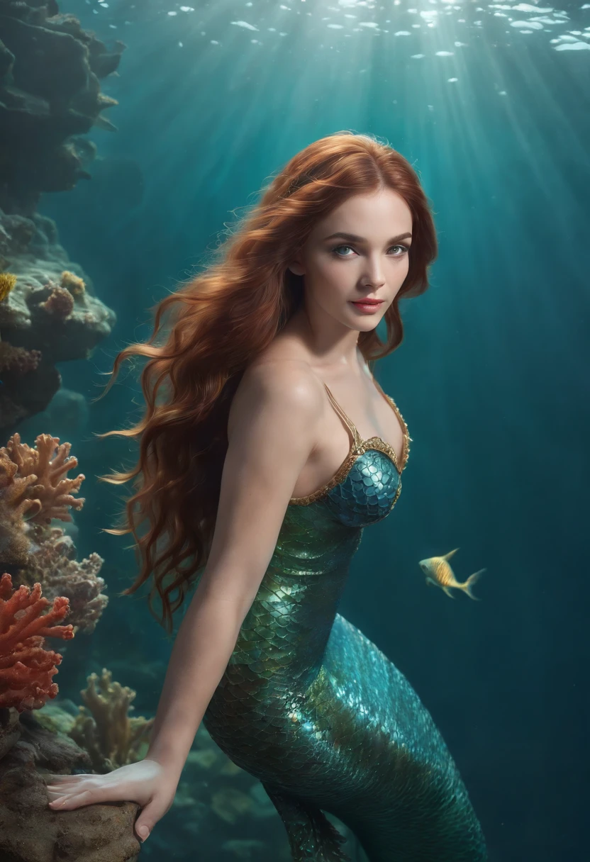 (professional 3d render:1.3) ((full body of a mermaid swimming)) (Realistic:1.3) most beautiful artwork photo in the world,(((auburn hair))), ((detailed brown eyes)), brunette, Mediterranean face, 35 years old, beautiful face, black girl,(hair floating in water), ((long mermaid tail)), (((detailed mermaid fins))), (((double fins))), full body, movement, Features soft and shiny, ((Epic mermaid fantasy long hair in dynamic pose,full tail, Fantastic location, Majestic cluttered environment)), full body 8k unity render, action shot, skin pore, heavyshading, Detailed, Detailed face, (vibrant, photograph realistic, Realistic, Dramatic, Dark, Sharp focus, 8K), (fish scales:1.4), ((((mermaid tail)))), (Intricate:1.4), decadent, (Highly detailed:1.4), Digital painting, rendering by octane, art stations, concept-art, smooth, Sharp focus, illustration, Art germ, (loish:0.23), (Global illumination, Studio light, volumettic light), underwater, ocean, lotr, fantasy, mermaid, ((ocean background:1.3)),((sea life:1.3)),((corals:1.3)),CGSesociety,art stations