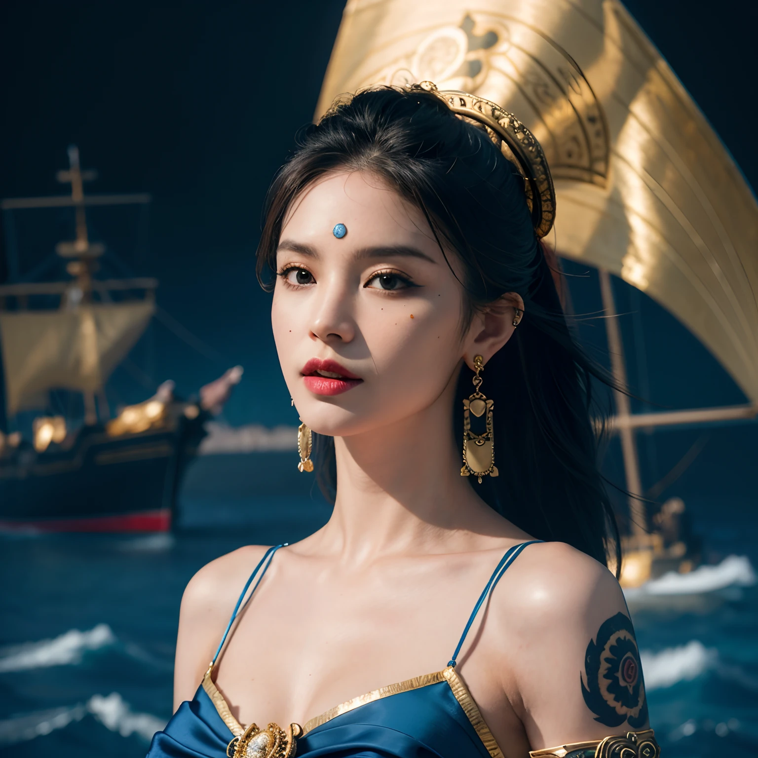 (pirate woman),(respectable),(beautiful),(exotic outfit),(blue color scheme),(fierce),(best quality,4k,8k,highres,masterpiece:1.2),(ultra-detailed),(realistic,photorealistic,photo-realistic:1.37),(HDR),(UHD),(studio lighting),(extremely detailed eyes),(vivid colors),(sharp focus),(bokeh),(pirate ship in the background),(sea breeze),(dangling gold earrings),(tattooed arms),(ornate pirate sword)