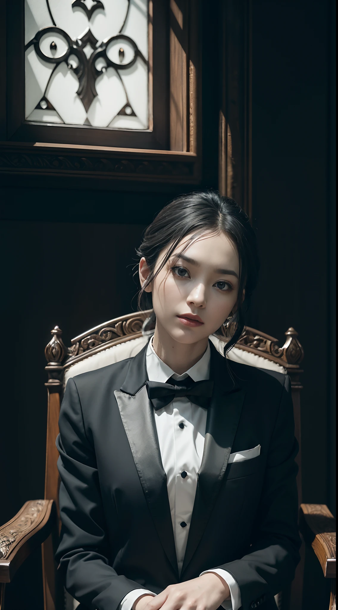 "(exquisitely detailed CG unity 8k wallpaper, masterpiece-quality with stunning realism), (best illumination, best shadow), (best quality), (elegant and demonic style:1.2), sitting elegantly upon an intricately carved chair, wearing a (sleek white tuxedo:1.2), (piercing black eyes+short black hair:0.8), surrounded by an ominous and dark atmosphere, accentuated by dramatic and striking lighting, imbued with a sense of surreal fantasy".