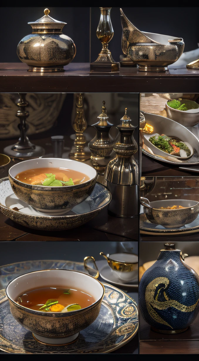 Top picture quality，8K,Meeting site，In the canyon ancient temple，All look at the desktop，Six male immortals，Black gold python robe crane embossed，Gourd tea set，Six dishes and one soup，A master piece of telephoto photography，Realisticstyle，hyper photorealism, Cinematic lighting, projected inset,