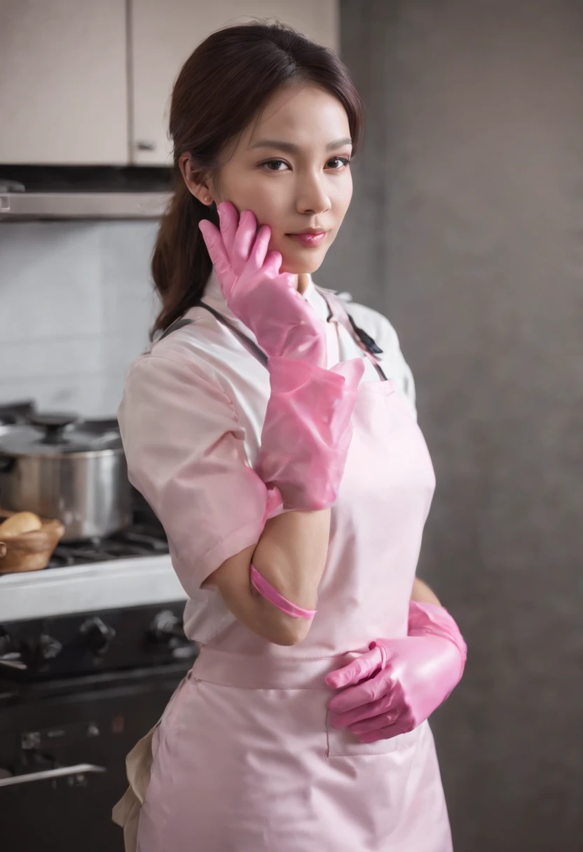 Meilin from Advanced Metal Gear Research Institute. Highly realistic. rubber glove、Pink rubber gloves、Pink cooking gloves、Long gloves、Glossy gloves、Glossy apron、Gripping the,Wearing a helmet,Beautie