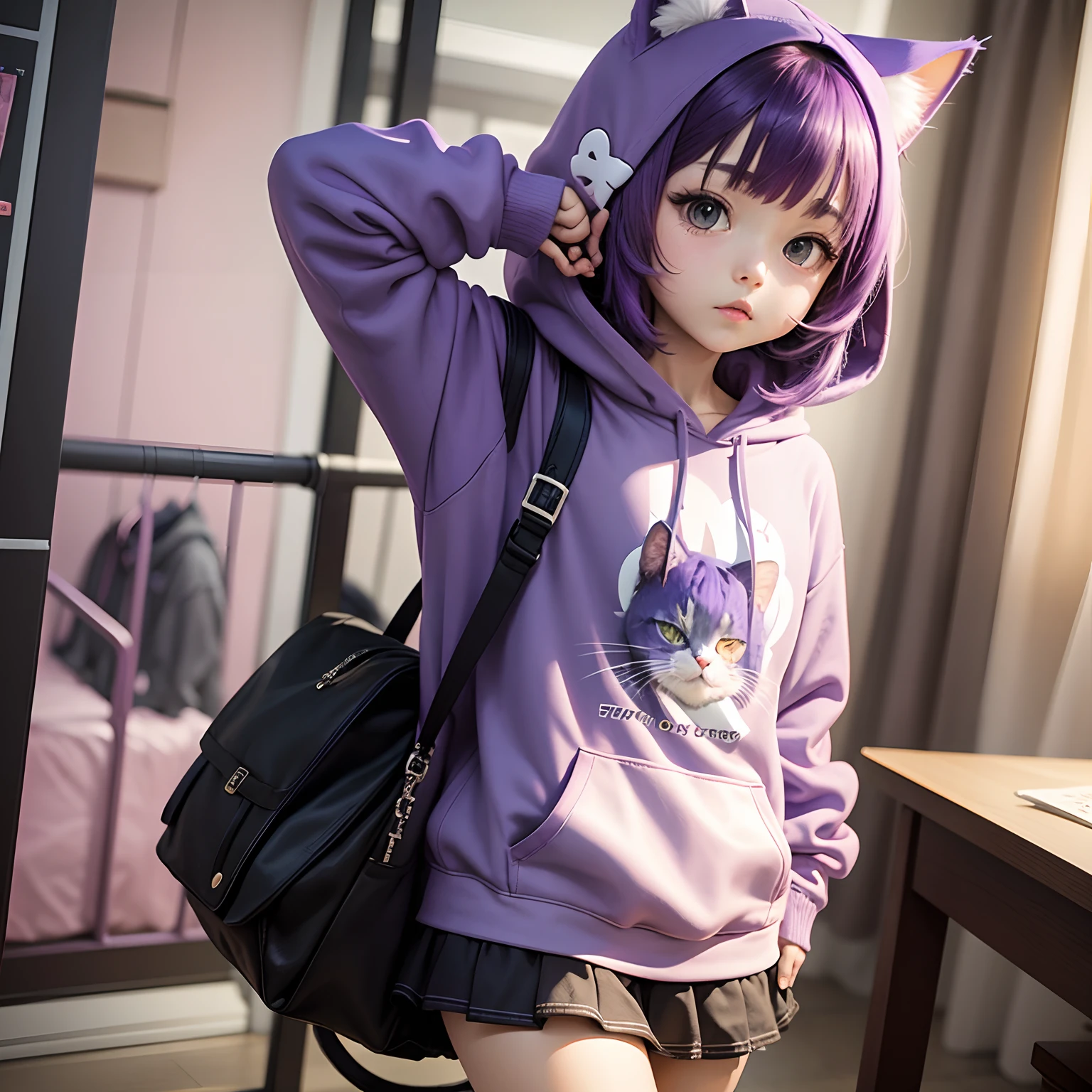 Purple hair、cat ear、Hoodies and miniskirts、Cute  girl s