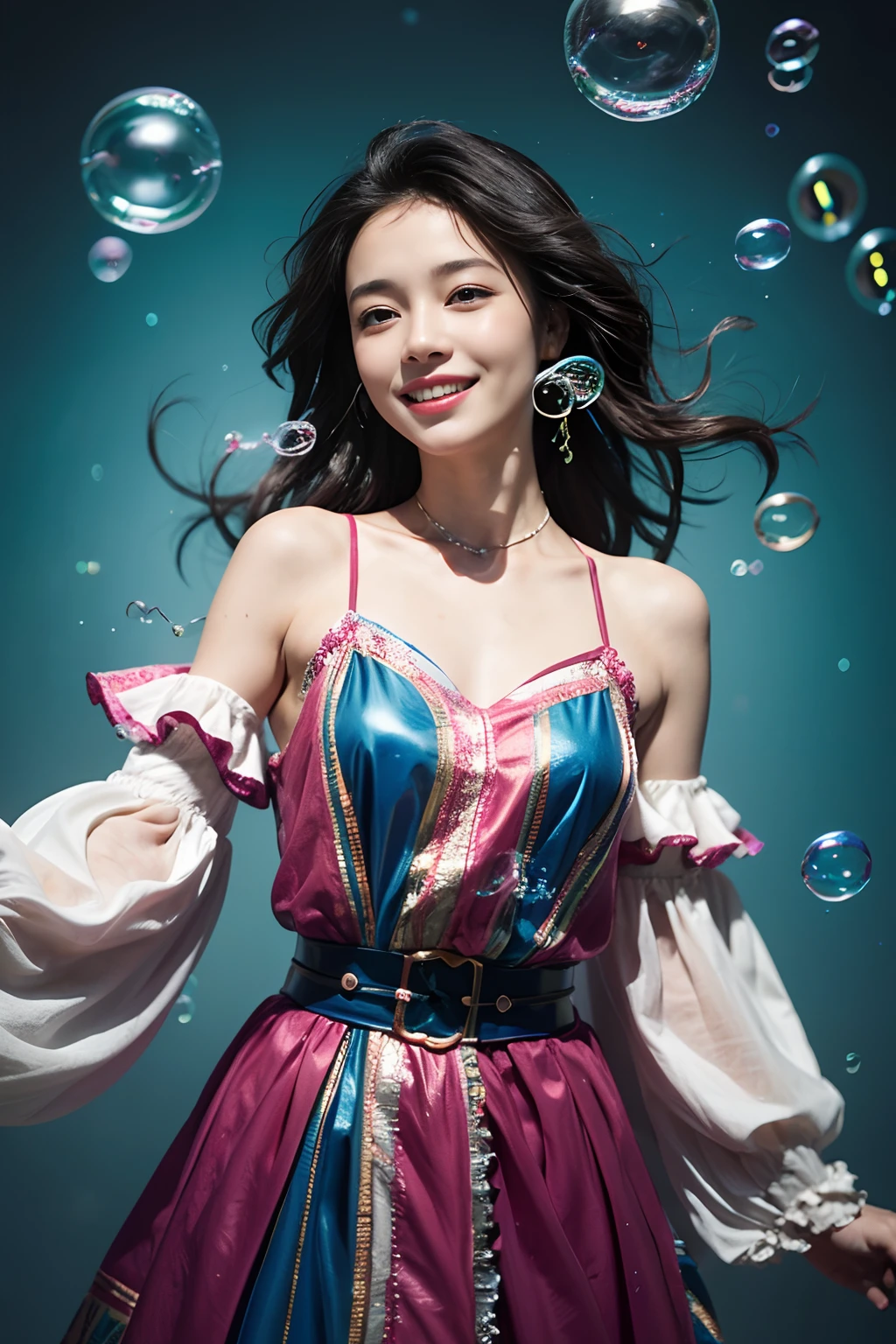 32K（masterpiece，hyper HD，32K）Ball-tipped curls,colorful theme,((Flowing bubbles:1.3)) ,1 cute girl,water sphere:1.3,The background is pure,A high resolution, the detail,RAW photogr,Rich colors,ultra-realistic vivid textures,Dramatic lighting,Unreal Engine Art Station Trend, cinestir 800，Large roll bubbles，Flowing bubbles，（Top quality true texture skin), Delicate face,Black hair, Petite body,（perfect bodies：1.1）, There are precious stones on the forehead，long eyelasher,grin, hyper photorealism, Cinematic lighting, projected inset,