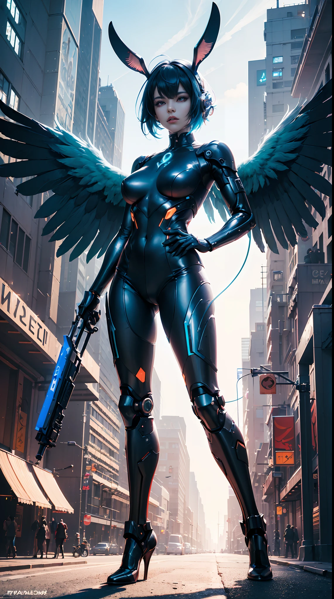 (wide wide shot)，(Best quality,Masterpiece:1.2),(Futuristic cyborg woman), (Rabbit ears)，bright colored hair，((A pair of huge feathered wings)),Her wings are a marvel of technology, A combination of a sturdy metal frame and a delicate translucent film,((Inside the mechanical body)),(Footwear),Metallic。nigth,(Facing the lens，Central symmetry)，standing on your feet，(No man's street)，Vibrant colors,Light trails and neon lights in the background,Science fiction art style.The lighting is dramatic, Bright areas contrast strongly with deep shadows, creating a sense of depth and dimension. The overall composition is vibrant and captivating, Centered on cyborg girls, Exude power, Grace, There is also a touch of mystery.