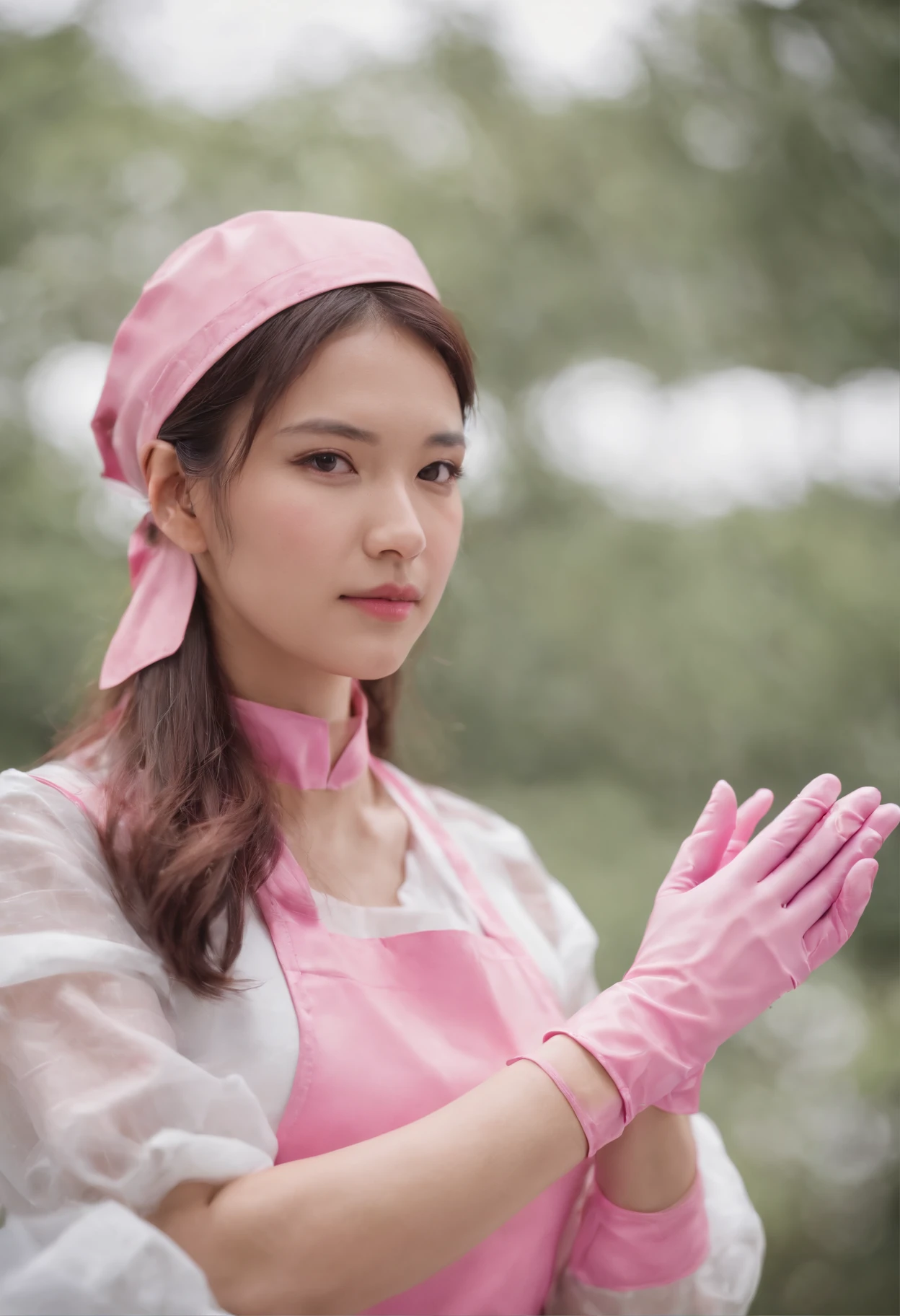 Meilin from Advanced Metal Gear Research Institute. Highly realistic. rubber glove、Pink rubber gloves、Pink cooking gloves、Long gloves、Glossy gloves、Glossy apron、Gripping the,Wearing a helmet,Beautie